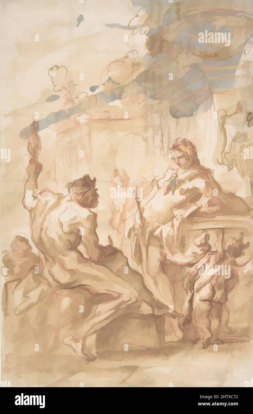 Art inspiré par Hercules et Omphale, 1689–1767, encre stylo et brune, brosse et lavage brun, sur craie rouge. Carré de craie noire, 11 5/8 x 7 3/4in. (29,6 x 19,7cm), dessins, Gaspésie Diziani (italien, Belluno 1689–1767 Venise, œuvres classiques modernisées par Artotop avec un peu de modernité. Formes, couleur et valeur, impact visuel accrocheur sur l'art émotions par la liberté d'œuvres d'art d'une manière contemporaine. Un message intemporel qui cherche une nouvelle direction créative. Artistes qui se tournent vers le support numérique et créent le NFT Artotop Banque D'Images