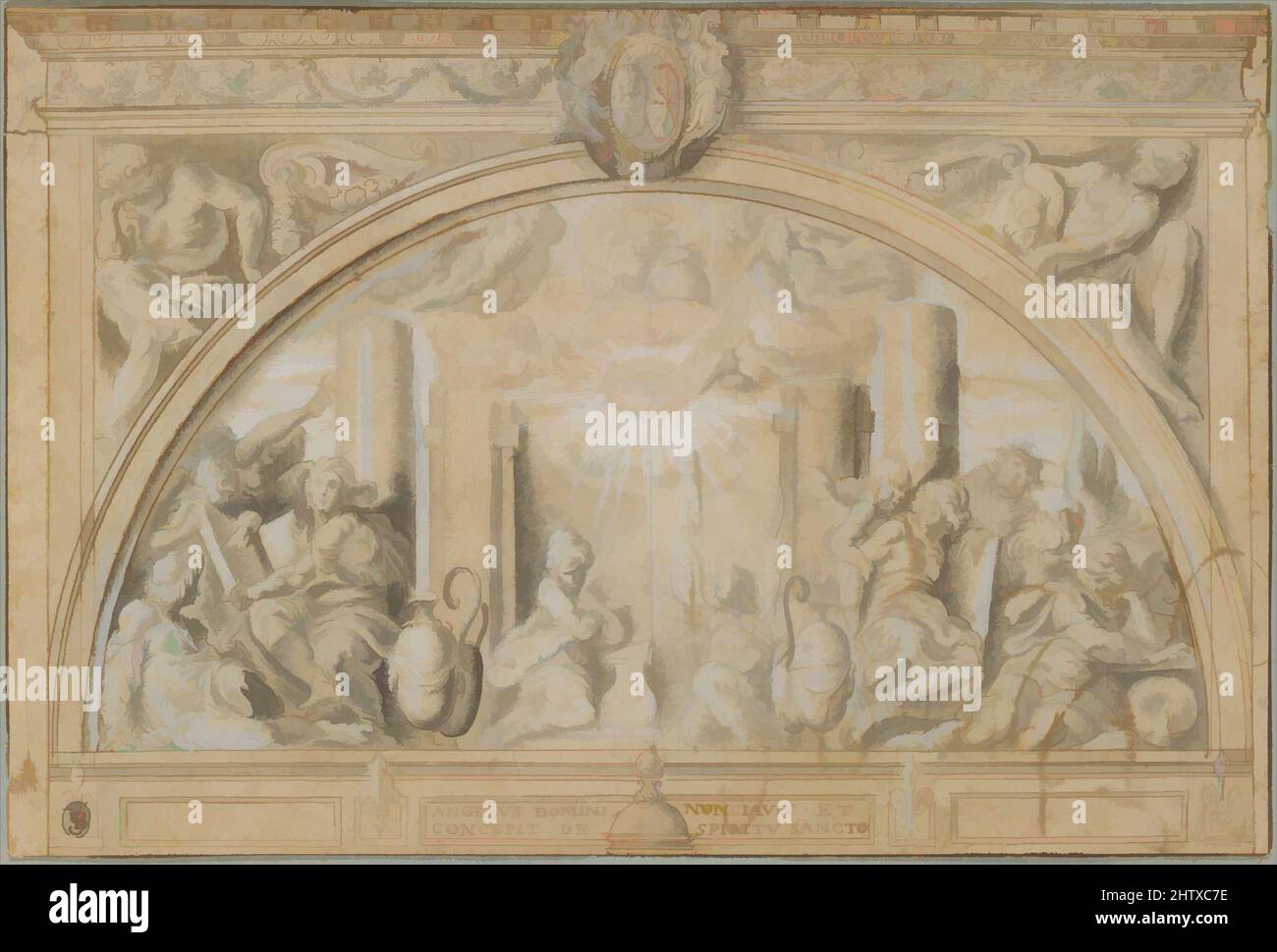 Art inspiré par l'Annonciation, ca. 1610–15, craie noire, stylo et encre brune, brosse et lavage gris, rehaussé de blanc. Les éléments architecturaux le long de la marge supérieure, y compris la corniche et les armoiries, ont été dessinés sur une feuille séparée, silhoueté et mis en place., 7 9/16 x, oeuvres classiques modernisées par Artotop avec un peu de modernité. Formes, couleur et valeur, impact visuel accrocheur sur l'art émotions par la liberté d'œuvres d'art d'une manière contemporaine. Un message intemporel qui cherche une nouvelle direction créative. Artistes qui se tournent vers le support numérique et créent le NFT Artotop Banque D'Images