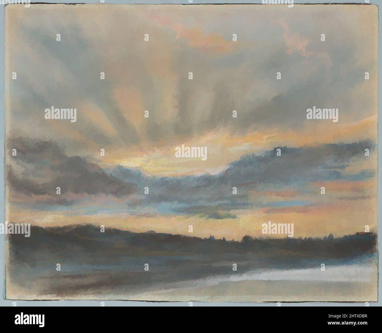 Art inspiré par le coucher du soleil, env. 1850, pastel sur papier bleu, monté sur carton, hors tout : 8 1/16 x 10 3/16 po. (20,4 x 25,9 cm), dessins, Eugène Delacroix (français, Charenton-Saint-Maurice 1798–1863 Paris), bien qu'il soit plus connu comme peintre complexe et souvent turbulent, oeuvres classiques modernisées par Artotop avec une touche de modernité. Formes, couleur et valeur, impact visuel accrocheur sur l'art émotions par la liberté d'œuvres d'art d'une manière contemporaine. Un message intemporel qui cherche une nouvelle direction créative. Artistes qui se tournent vers le support numérique et créent le NFT Artotop Banque D'Images