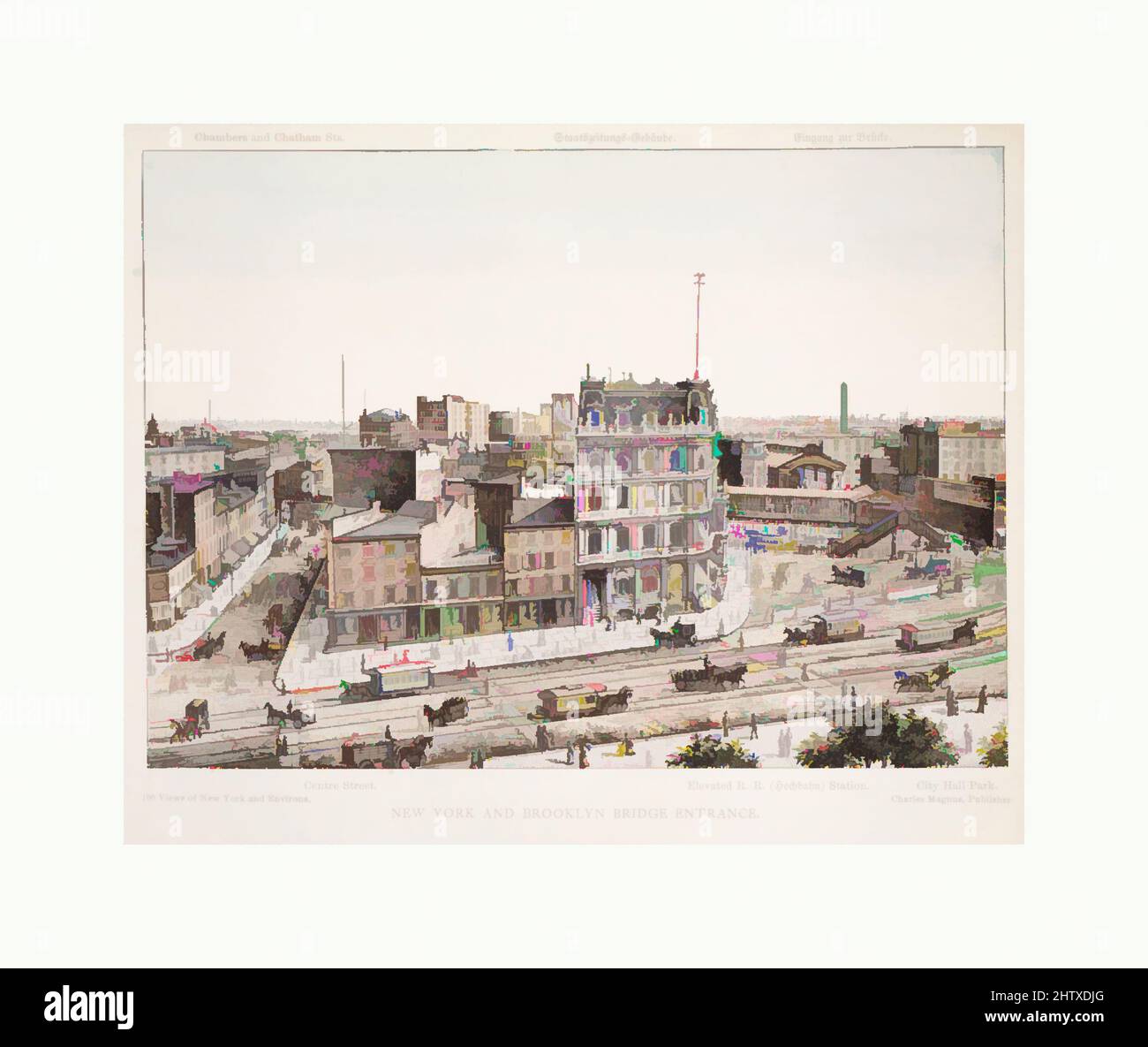 New York Brooklyn Bridge et entrée privée, après 1885, gravure sur bois, coloriés à la main, 11 x 8 1/2 in. (27,9 x 21,6 cm), d'impressions Banque D'Images