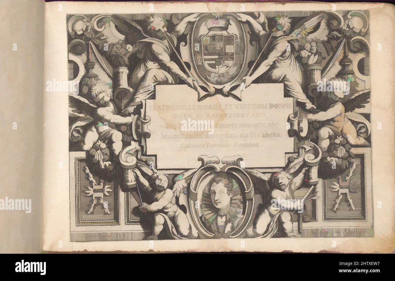 Art inspiré par Teatro delle Nobili et Virtuose donne..., 1616, coupe de bois, gravure, total: 7 1/2 x 10 7/16 po. (19 x 26,5 cm), écrit par Isabella Catanea Parasole, Italien, ca. 1575 environ 1625, publié par Mauritio Bona, Rome. Gravé page de titre illustrée, dédicace avec la coupe de bois, oeuvres classiques modernisées par Artotop avec une touche de modernité. Formes, couleur et valeur, impact visuel accrocheur sur l'art émotions par la liberté d'œuvres d'art d'une manière contemporaine. Un message intemporel qui cherche une nouvelle direction créative. Artistes qui se tournent vers le support numérique et créent le NFT Artotop Banque D'Images