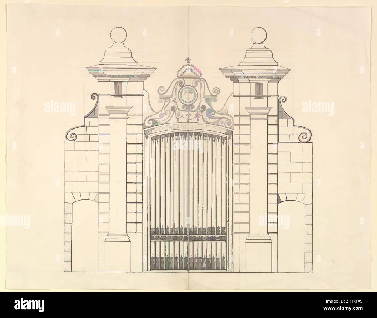Art inspiré par Design for a Gate, 18th Century, Graphite, stylo et encre noire, feuille : 12 3/16 x 15 1/2 po. (30,9 x 39,3 cm), dessins, anonymes, français, 18th siècle, Œuvres classiques modernisées par Artotop avec une touche de modernité. Formes, couleur et valeur, impact visuel accrocheur sur l'art émotions par la liberté d'œuvres d'art d'une manière contemporaine. Un message intemporel qui cherche une nouvelle direction créative. Artistes qui se tournent vers le support numérique et créent le NFT Artotop Banque D'Images