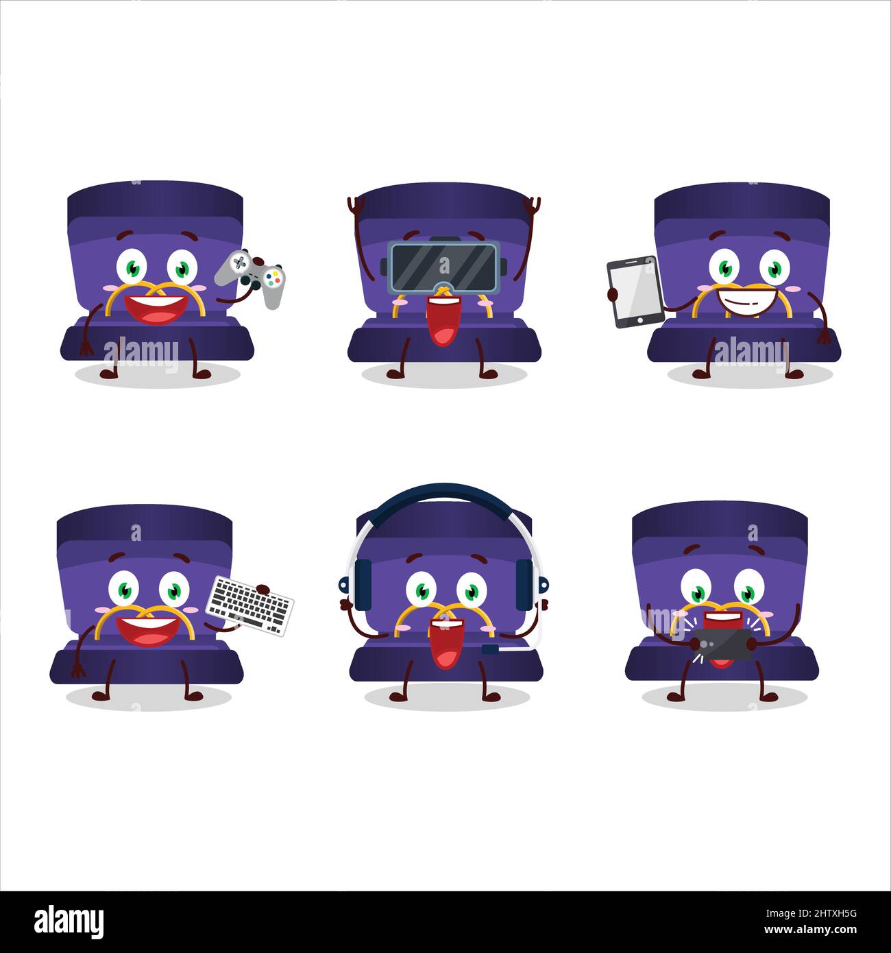 Le caractère de dessin animé de boîte à anneau violet joue à des jeux avec diverses émoticônes mignons. Illustration vectorielle Illustration de Vecteur