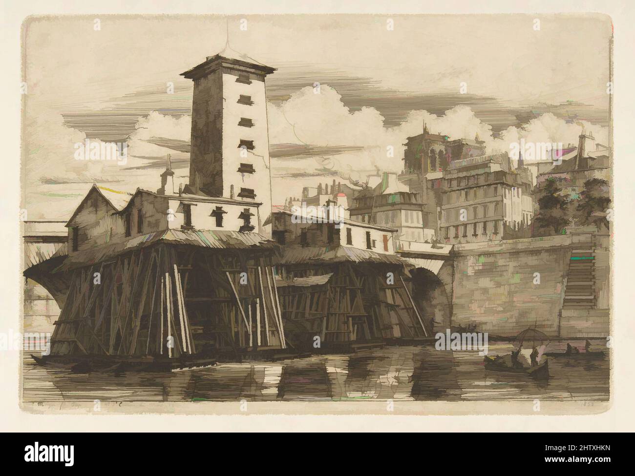 Art inspiré de la pompe Nôtre-Dame, Paris, 1852, gravure sur papier cousu (filigrane: HP dans un bouclier), assiette: 6 3/4 x 9 15/16 po. (17,2 x 25,2 cm), Prints, Charles Meryon (français, 1821–1868, oeuvres classiques modernisées par Artotop avec une touche de modernité. Formes, couleur et valeur, impact visuel accrocheur sur l'art émotions par la liberté d'œuvres d'art d'une manière contemporaine. Un message intemporel qui cherche une nouvelle direction créative. Artistes qui se tournent vers le support numérique et créent le NFT Artotop Banque D'Images