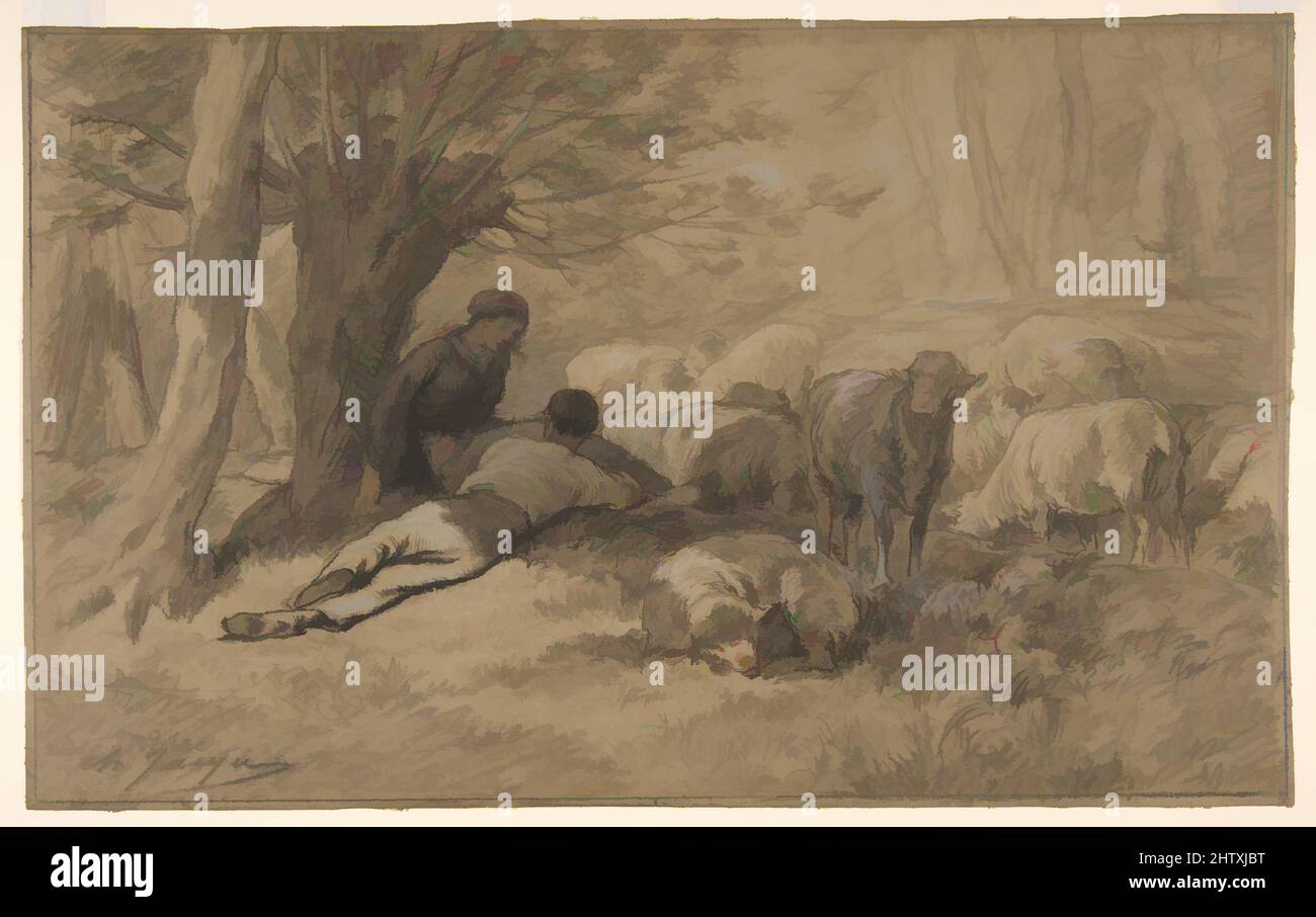 Art inspiré par la mise en forme de la mouton, 19th siècle, craie noire, avec des touches de craie rouge, bleue et blanche sur papier vélin brun posé sur papier vélin blanc, feuille: 9 13/16 x 15 13/16 po. (25 x 40,2 cm), dessins, Charles Jacque (français, Paris 1813–1894 Paris, oeuvres classiques modernisées par Artotop avec une touche de modernité. Formes, couleur et valeur, impact visuel accrocheur sur l'art émotions par la liberté d'œuvres d'art d'une manière contemporaine. Un message intemporel qui cherche une nouvelle direction créative. Artistes qui se tournent vers le support numérique et créent le NFT Artotop Banque D'Images