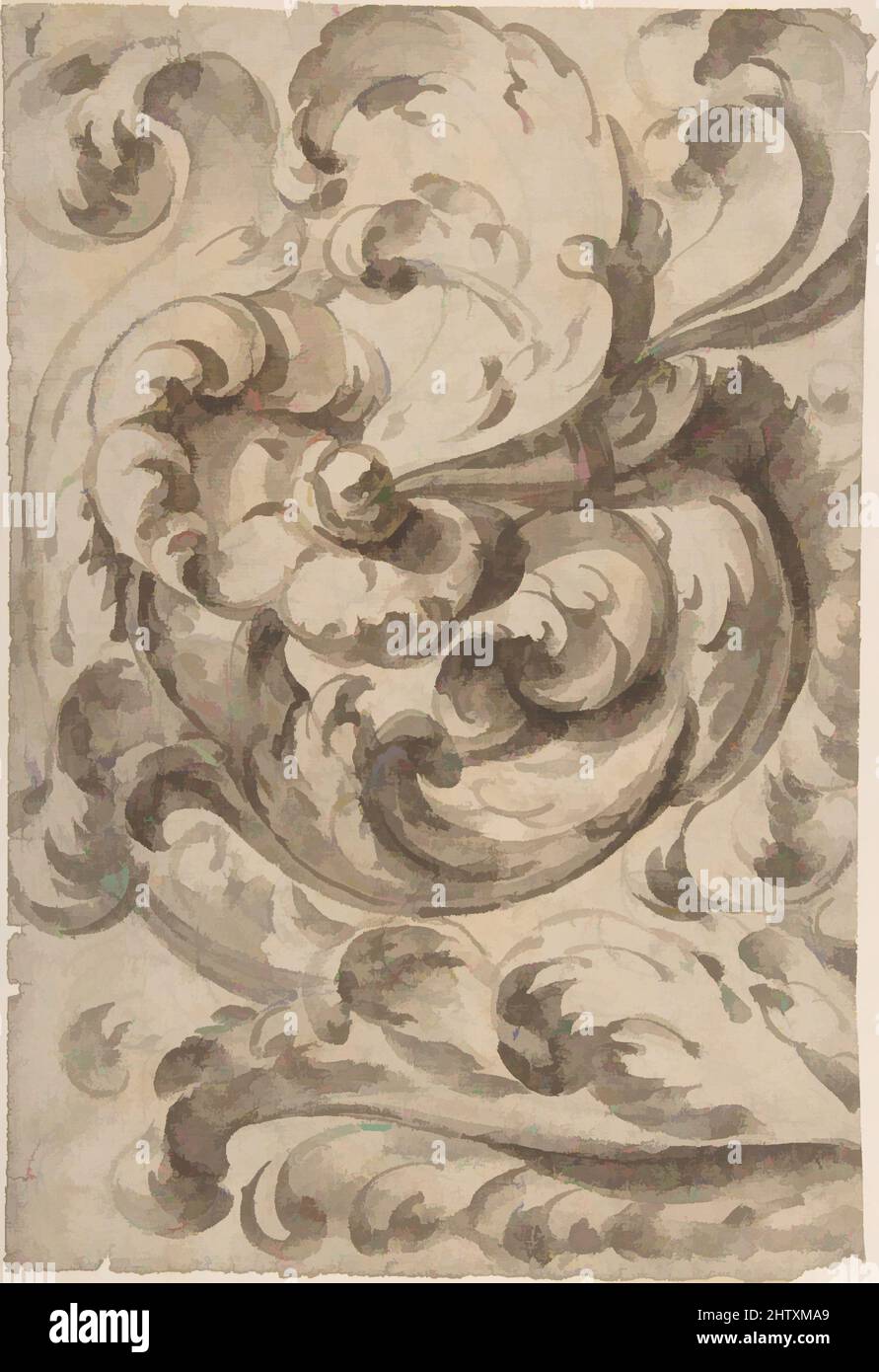 Art inspiré par Acanthus Scroll, 17th Century, pinceau et lavage gris-brun, sous-dessin graphite, image: 12 3/16 x 8 1/4 po. (31 x 21 cm), Anonyme, Italien, 17th siècle, oeuvres classiques modernisées par Artotop avec une touche de modernité. Formes, couleur et valeur, impact visuel accrocheur sur l'art émotions par la liberté d'œuvres d'art d'une manière contemporaine. Un message intemporel qui cherche une nouvelle direction créative. Artistes qui se tournent vers le support numérique et créent le NFT Artotop Banque D'Images
