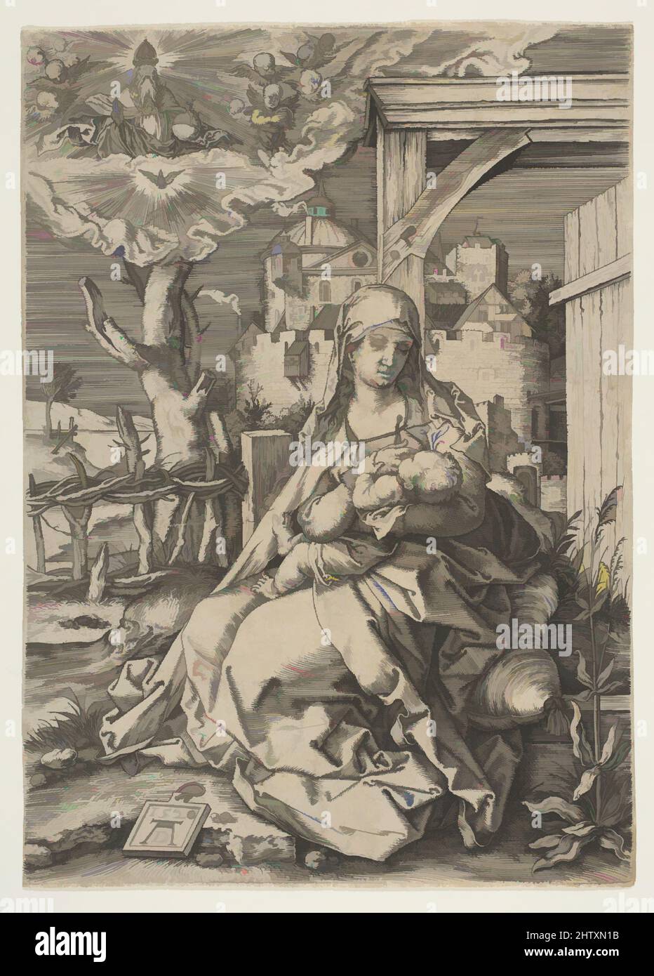 Art inspiré par Vierge à l'enfant, 1520, gravure, feuille : 6 11/16 × 4 11/16 po. (17 × 11,9 cm), estampes, d'après Albrecht Dürer (allemand, Nuremberg 1471–1528 Nuremberg, œuvres classiques modernisées par Artotop avec une touche de modernité. Formes, couleur et valeur, impact visuel accrocheur sur l'art émotions par la liberté d'œuvres d'art d'une manière contemporaine. Un message intemporel qui cherche une nouvelle direction créative. Artistes qui se tournent vers le support numérique et créent le NFT Artotop Banque D'Images