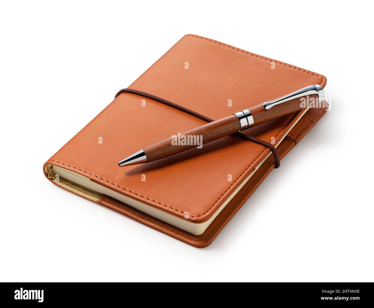 Bloc-notes et stylo en cuir placés sur un arrière-plan blanc. Image  d'entreprise Photo Stock - Alamy