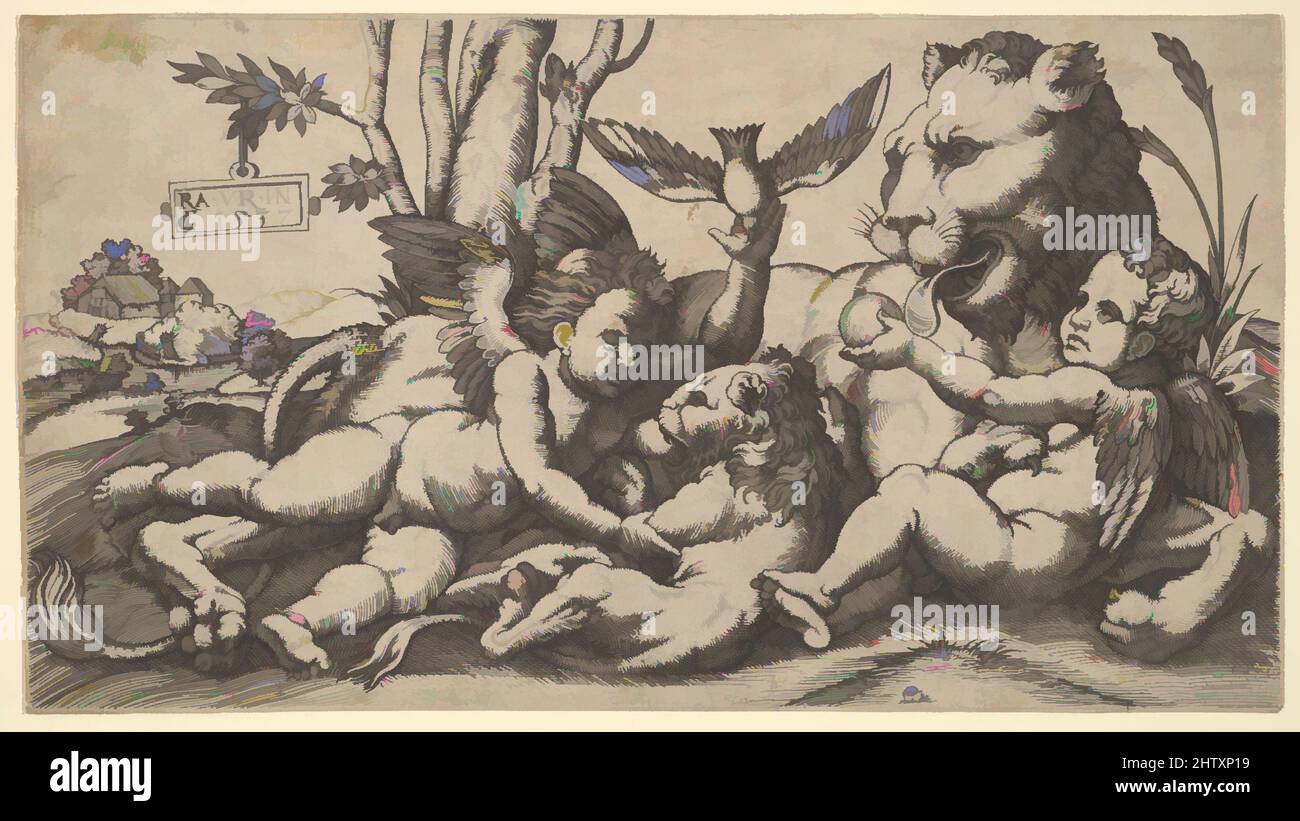 Art inspiré par Putti et Lions, 1547, gravure, feuille : 4 3/4 x 8 9/16 po. (12 x 21,7 cm), tirages, Master FG (italien, actif mi-16th siècle, œuvres classiques modernisées par Artotop avec une touche de modernité. Formes, couleur et valeur, impact visuel accrocheur sur l'art émotions par la liberté d'œuvres d'art d'une manière contemporaine. Un message intemporel qui cherche une nouvelle direction créative. Artistes qui se tournent vers le support numérique et créent le NFT Artotop Banque D'Images