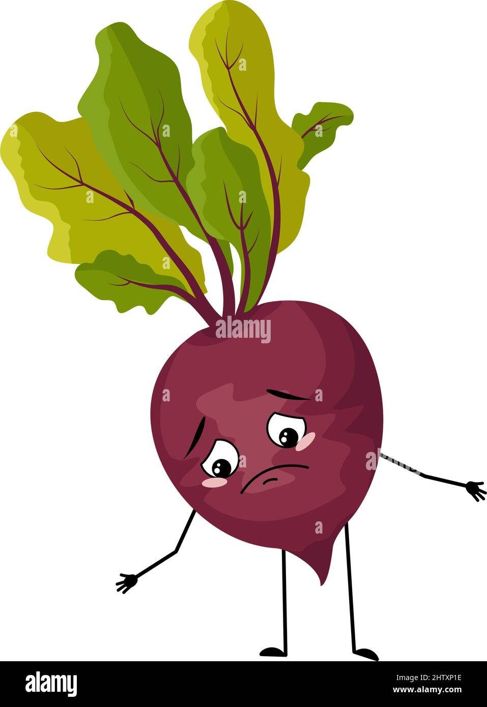 Personnage de betterave avec des émotions tristes, visage déprimé, les yeux, les bras et les jambes. Personne avec expression mélancolique, émoticône légumière. Illustration vectorielle plate Illustration de Vecteur