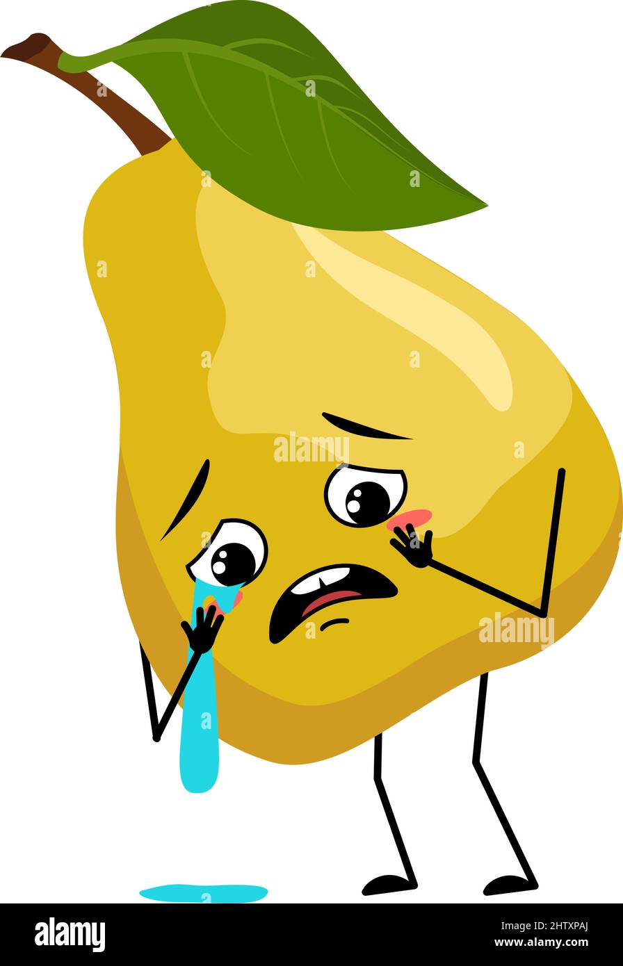 Poire caractère avec pleurs et larmes émotion, visage triste, yeux dépressifs. Personne avec expression mélancolique, émoticône de fruit. Illustration vectorielle plate Illustration de Vecteur