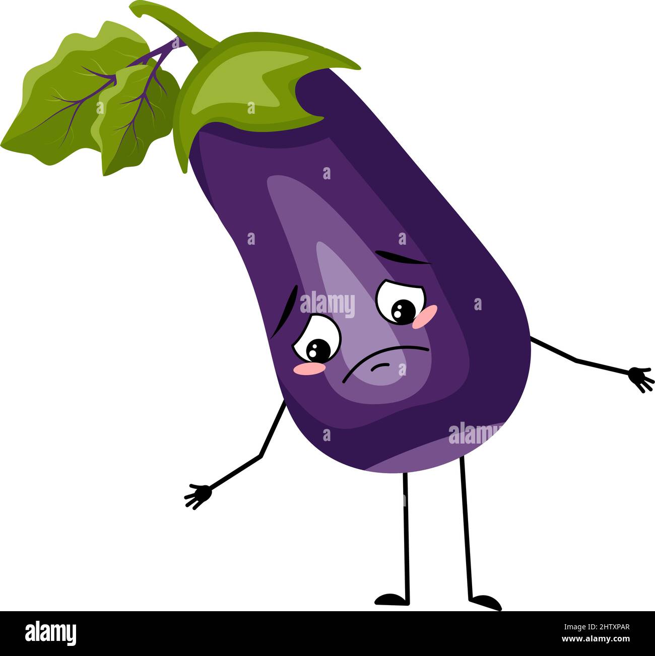 Le caractère d'aubergine avec des émotions tristes, le visage déprimé, les yeux, les bras et les jambes. Personne avec expression mélancolique, émoticône légumière. Illustration vectorielle plate Illustration de Vecteur