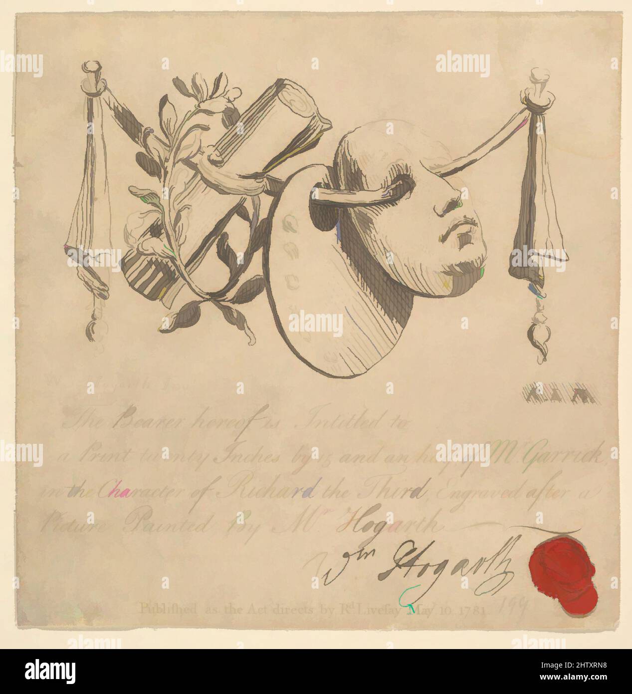 Art inspiré par Mask and Palette, 1781, gravure et gravure, feuille : 4 3/4 x 4 11/16 po. (12 x 11,9 cm), Prints, d'après William Hogarth (britannique, Londres 1697–1764 Londres, les œuvres classiques modernisées par Artotop avec une touche de modernité. Formes, couleur et valeur, impact visuel accrocheur sur l'art émotions par la liberté d'œuvres d'art d'une manière contemporaine. Un message intemporel qui cherche une nouvelle direction créative. Artistes qui se tournent vers le support numérique et créent le NFT Artotop Banque D'Images