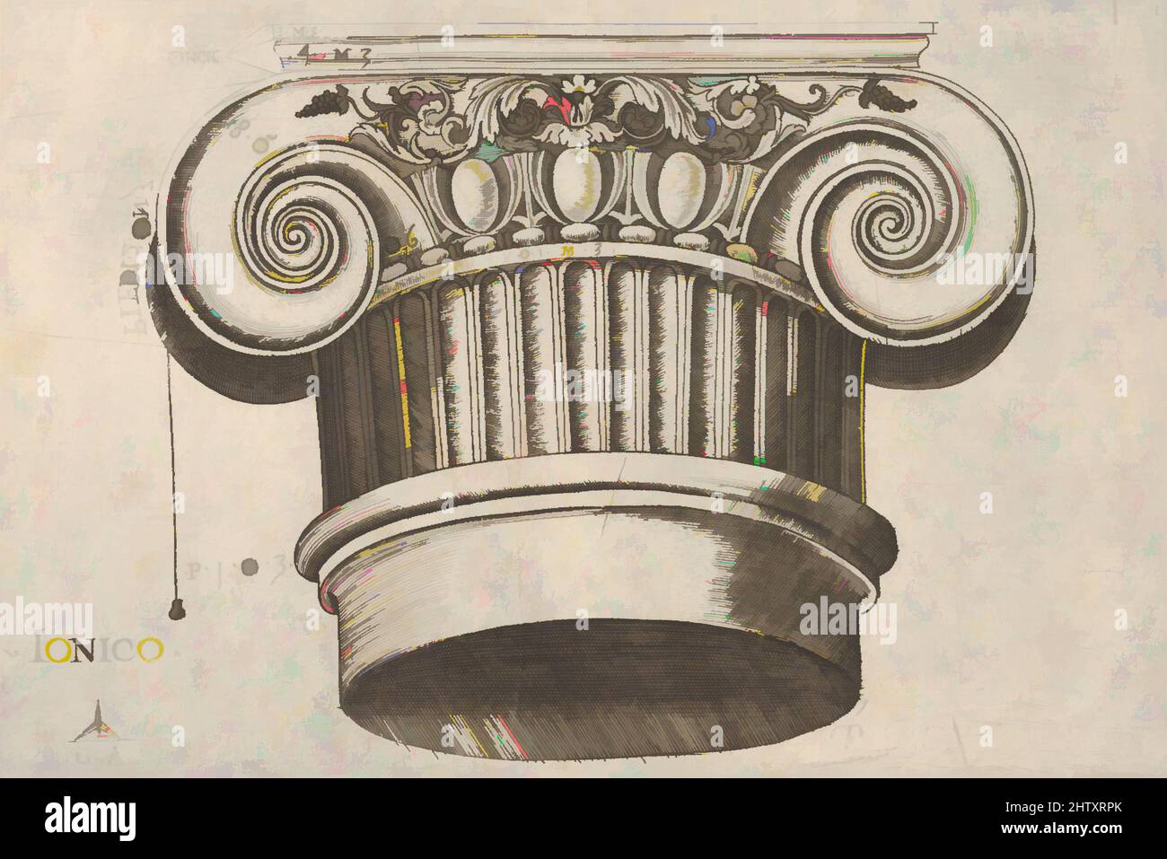 Art inspiré par Ionic Capital, gravure, feuille : 4 3/4 x 7 1/16 po. (12 x 18 cm), Master G.A. (italien, actif ca. 1535, œuvres classiques modernisées par Artotop avec une touche de modernité. Formes, couleur et valeur, impact visuel accrocheur sur l'art émotions par la liberté d'œuvres d'art d'une manière contemporaine. Un message intemporel qui cherche une nouvelle direction créative. Artistes qui se tournent vers le support numérique et créent le NFT Artotop Banque D'Images