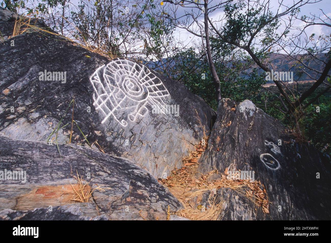 Pétroglyphes de Vigirima, également connu sous le nom de Pierre peinte de Tronconero, site archéologique de Piedra Pintada, parc national de San Esteban, état de Carabobo Banque D'Images