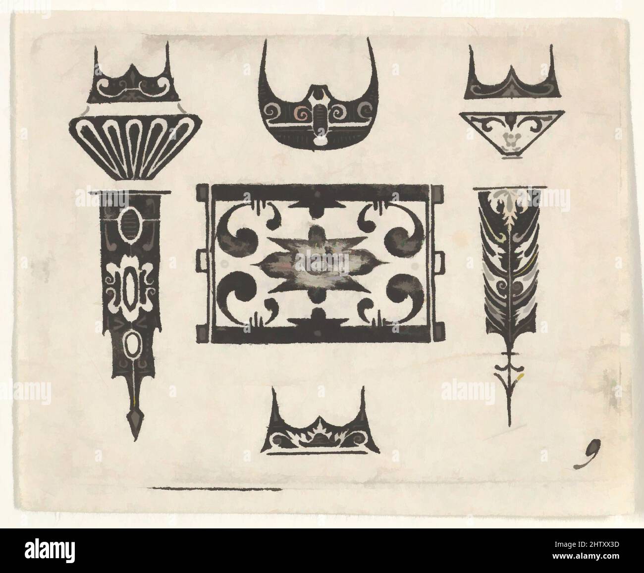 Art inspiré par Blackwork Print avec neuf motifs, env. 1620, travail de noir, plaque : 1 9/16 x 2 po. (3,9 x 5,1 cm, œuvres classiques modernisées par Artotop avec une touche de modernité. Formes, couleur et valeur, impact visuel accrocheur sur l'art émotions par la liberté d'œuvres d'art d'une manière contemporaine. Un message intemporel qui cherche une nouvelle direction créative. Artistes qui se tournent vers le support numérique et créent le NFT Artotop Banque D'Images
