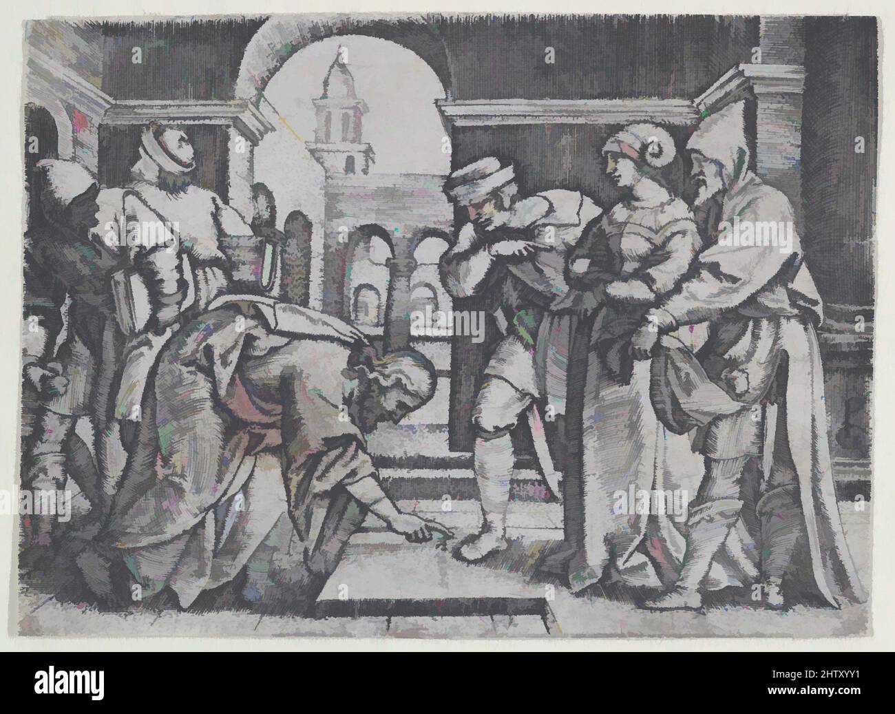 Art inspiré par le Christ et la femme adultère, gravure, feuille : 2 3/8 × 3 1/4 po. (6,1 × 8,3 cm), tirages, Georg Pentz (allemand, Wroclaw ca. 1500–1550 Leipzig, œuvres classiques modernisées par Artotop avec une touche de modernité. Formes, couleur et valeur, impact visuel accrocheur sur l'art émotions par la liberté d'œuvres d'art d'une manière contemporaine. Un message intemporel qui cherche une nouvelle direction créative. Artistes qui se tournent vers le support numérique et créent le NFT Artotop Banque D'Images