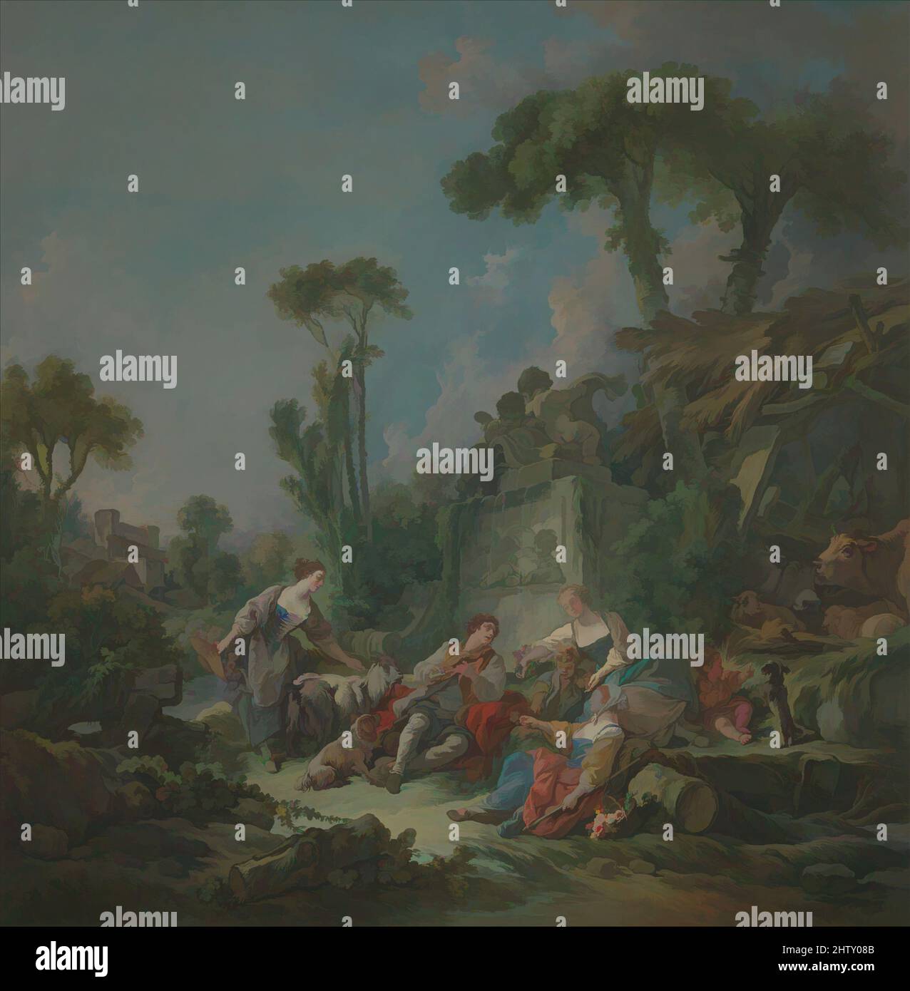 Art inspiré par Shepherd's Idyll, 1768, huile sur toile, 94 1/2 x 93 1/2 po. (240 x 237,5 cm), peintures, François Boucher (français, Paris 1703–1770 Paris), avec son pendentif, Washerwomen, cette œuvre pastorale tardive a été, en toute vraisemblance, peinte pour le château d'Héconnille, les œuvres classiques modernisées par Artotop avec un peu de modernité. Formes, couleur et valeur, impact visuel accrocheur sur l'art émotions par la liberté d'œuvres d'art d'une manière contemporaine. Un message intemporel qui cherche une nouvelle direction créative. Artistes qui se tournent vers le support numérique et créent le NFT Artotop Banque D'Images