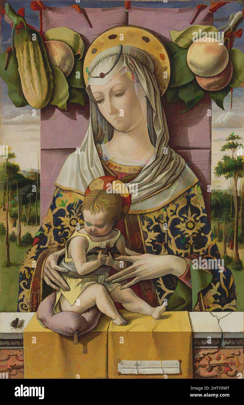 Art inspiré par Madonna et l'enfant, ca. 1480, Tempera et or sur bois, total 14 7/8 x 10 po. (37,8 x 25,4 cm); surface peinte 14 3/8 x 9 1/4 po (36,5 x 23,5 cm), peintures, Carlo Crivelli (italien, Venise (?), actif par 1457–mort 1495 Ascoli Piceno), cette œuvre parfaitement préservée, œuvres classiques modernisées par Artotop avec une touche de modernité. Formes, couleur et valeur, impact visuel accrocheur sur l'art émotions par la liberté d'œuvres d'art d'une manière contemporaine. Un message intemporel qui cherche une nouvelle direction créative. Artistes qui se tournent vers le support numérique et créent le NFT Artotop Banque D'Images
