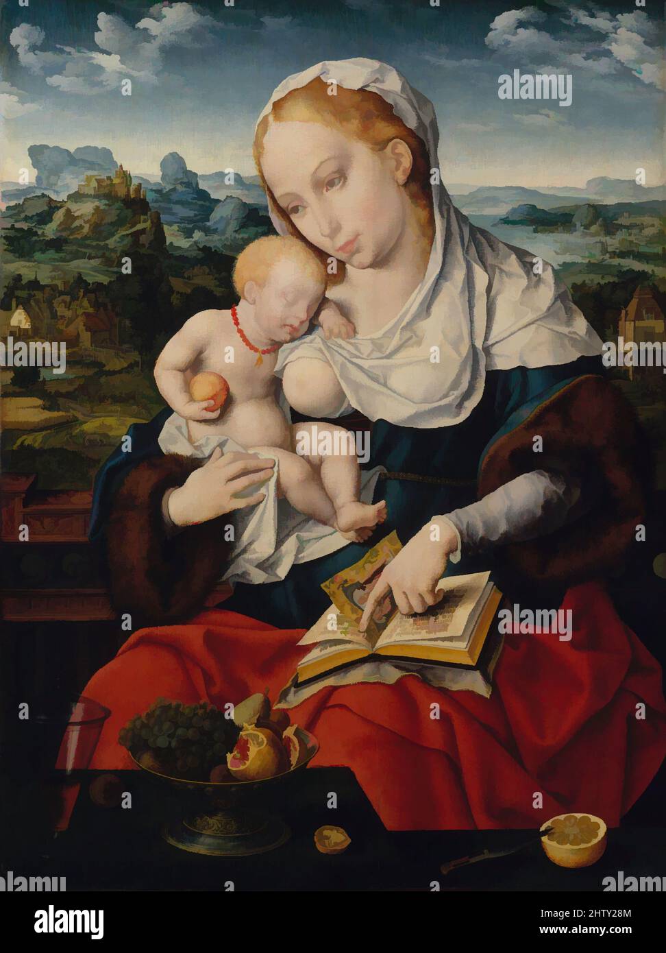 Art inspiré par Virgin and Child, env. 1525, huile sur bois, hors tout 28 3/8 x 21 1/4 po (72,1 x 54 cm); surface peinte 27 3/4 x 20 3/4 po (70,5 x 52,7 cm), peintures, Joos van Cleve (Netherlandish, Cleve ca. 1485–1540/41 Anvers) et un collaborateur, deux thèmes iconographiques sont combinés, les œuvres classiques modernisées par Artotop avec une touche de modernité. Formes, couleur et valeur, impact visuel accrocheur sur l'art émotions par la liberté d'œuvres d'art d'une manière contemporaine. Un message intemporel qui cherche une nouvelle direction créative. Artistes qui se tournent vers le support numérique et créent le NFT Artotop Banque D'Images