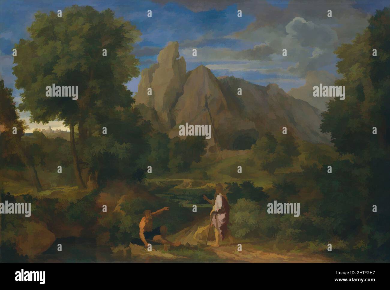 Art inspiré par Mercure et Battus, huile sur toile, 47 x 70 po. (119,4 x 177,8 cm), peintures, millet franciscain (français, 1642–1679), l'histoire de l'ancien berger Battus, qui, après avoir été témoin du vol par Mercury d'un troupeau de bovins, a promis de ne pas divulguer le secret, est racontée dans, oeuvres classiques modernisées par Artotop avec un peu de modernité. Formes, couleur et valeur, impact visuel accrocheur sur l'art émotions par la liberté d'œuvres d'art d'une manière contemporaine. Un message intemporel qui cherche une nouvelle direction créative. Artistes qui se tournent vers le support numérique et créent le NFT Artotop Banque D'Images