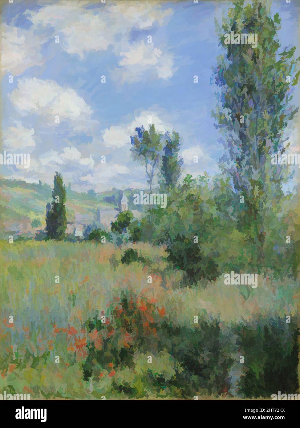 Art inspiré par la vue de Vétheuil, 1880, huile sur toile, 31 1/2 x 23 3/4 po. (80 x 60,3 cm), peintures, Claude Monet (français, Paris 1840–1926 Giverny), le sentier traversant le champ de pavot en bas à droite pointe le chemin vers la tour de l'église à Vétheuil, le village au nord-ouest, oeuvres classiques modernisées par Artotop avec un peu de modernité. Formes, couleur et valeur, impact visuel accrocheur sur l'art émotions par la liberté d'œuvres d'art d'une manière contemporaine. Un message intemporel qui cherche une nouvelle direction créative. Artistes qui se tournent vers le support numérique et créent le NFT Artotop Banque D'Images