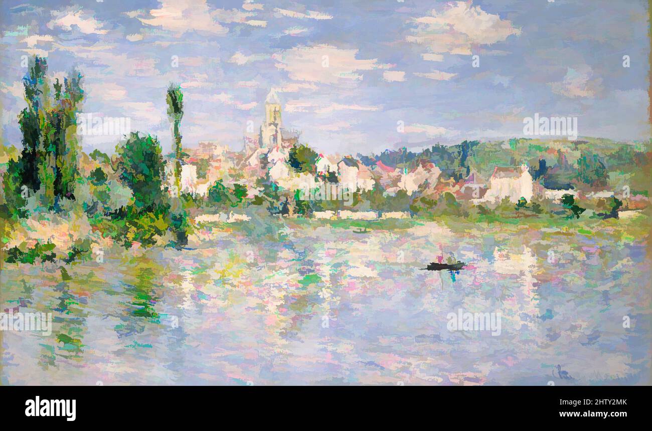 Art inspiré par Vétheuil en été, 1880, huile sur toile, 23 5/8 x 39 1/4 po. (60 x 99,7 cm), peintures, Claude Monet (français, Paris 1840–1926 Giverny), dans cette vue de Vétheuil, vue de la rive opposée de la Seine, le scintillement des coups de pinceau individuels reflète la préoccupation de Monet, les œuvres classiques modernisées par Artotop avec une touche de modernité. Formes, couleur et valeur, impact visuel accrocheur sur l'art émotions par la liberté d'œuvres d'art d'une manière contemporaine. Un message intemporel qui cherche une nouvelle direction créative. Artistes qui se tournent vers le support numérique et créent le NFT Artotop Banque D'Images