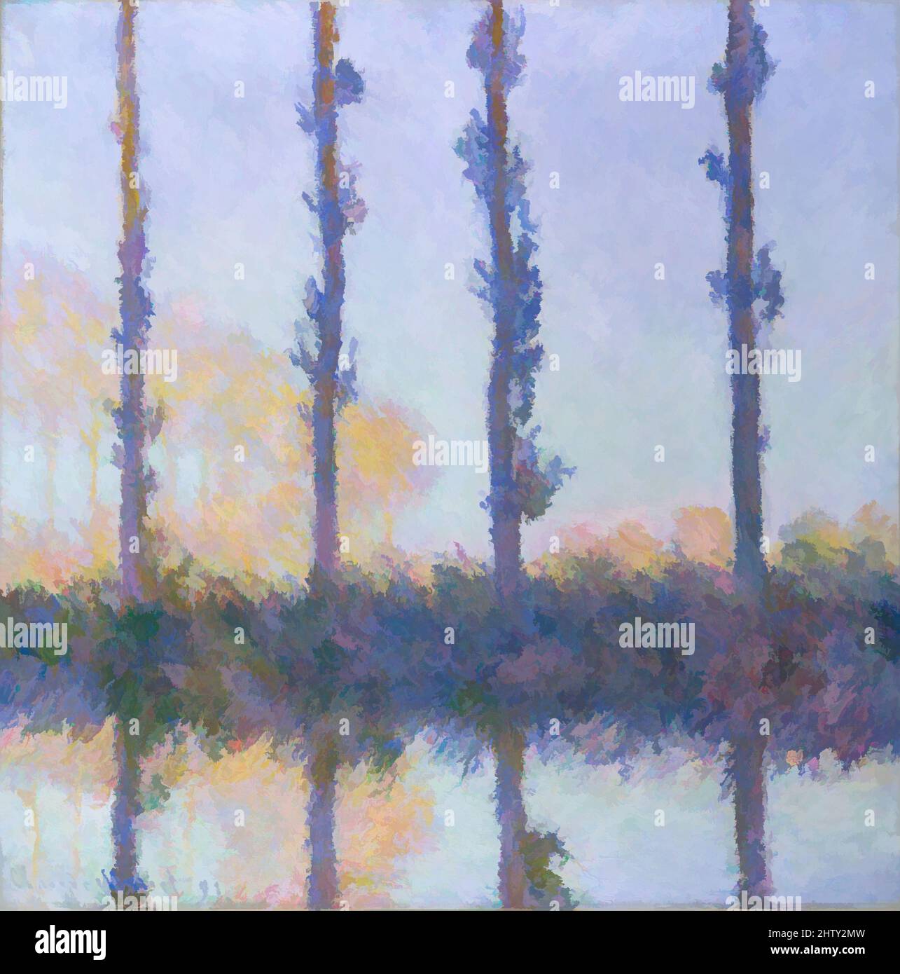 Art inspiré par les quatre arbres, 1891, huile sur toile, 32 1/4 x 32 1/8 po. (81,9 x 81,6 cm), peintures, Claude Monet (français, Paris 1840–1926 Giverny), durant l'été et l'automne 1891, Monet a peint une série de vues de peupliers le long de l'Epte, à Giverny. L'achèvement de la série a été, les œuvres classiques modernisées par Artotop avec un peu de modernité. Formes, couleur et valeur, impact visuel accrocheur sur l'art émotions par la liberté d'œuvres d'art d'une manière contemporaine. Un message intemporel qui cherche une nouvelle direction créative. Artistes qui se tournent vers le support numérique et créent le NFT Artotop Banque D'Images