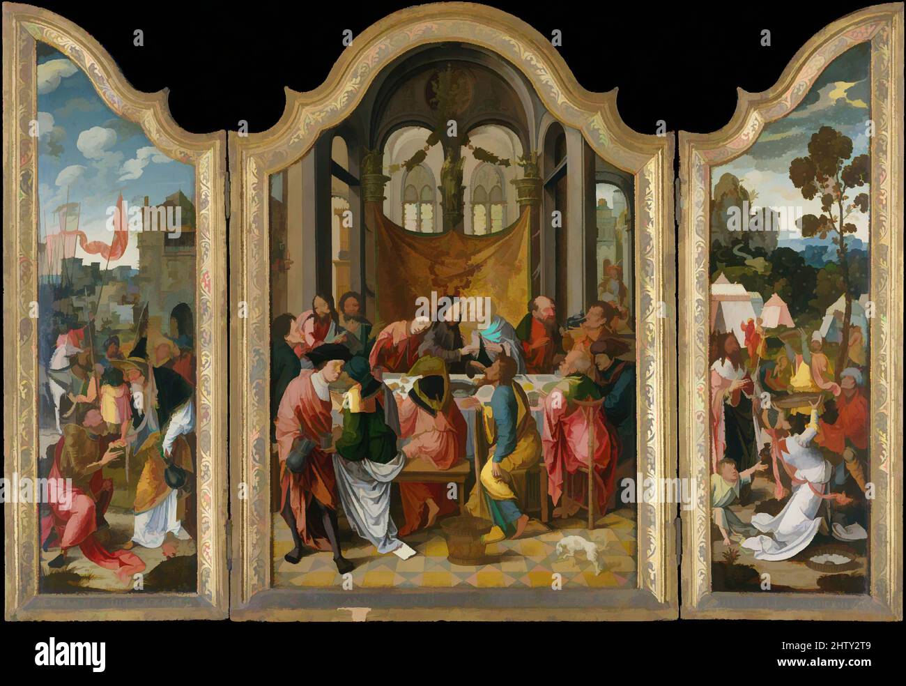 Art inspiré par la dernière Cène, 1515–20, huile sur bois, combinaison, avec partie supérieure en forme et cadre engagé : panneau central 47 x 33 3/4 po. (119,4 x 85,7 cm); aile gauche 47 x 16 7/8 po (119,4 x 42,9 cm); aile droite 47 1/8 x 17 po (119,7 x 43,2 cm), peintures, Netherlandish (Anvers Mannerist, oeuvres classiques modernisées par Artotop avec une touche de modernité. Formes, couleur et valeur, impact visuel accrocheur sur l'art émotions par la liberté d'œuvres d'art d'une manière contemporaine. Un message intemporel qui cherche une nouvelle direction créative. Artistes qui se tournent vers le support numérique et créent le NFT Artotop Banque D'Images