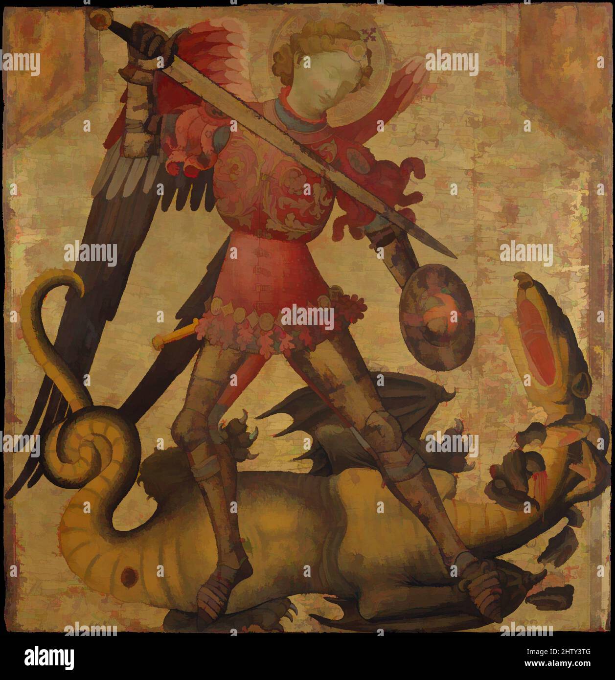 Art inspiré par Saint Michael et le Dragon, ca. 1405, Tempéa sur bois, doré, 41 3/8 x 40 3/4 po. (105,1 x 103,5 cm), peintures, Espagnol (Valencien) Peintre (actif en Italie, début du 15th siècle), cette œuvre a été peinte en Italie par un artiste inconnu dont le style est redevable à la, oeuvres classiques modernisées par Artotop avec un peu de modernité. Formes, couleur et valeur, impact visuel accrocheur sur l'art émotions par la liberté d'œuvres d'art d'une manière contemporaine. Un message intemporel qui cherche une nouvelle direction créative. Artistes qui se tournent vers le support numérique et créent le NFT Artotop Banque D'Images