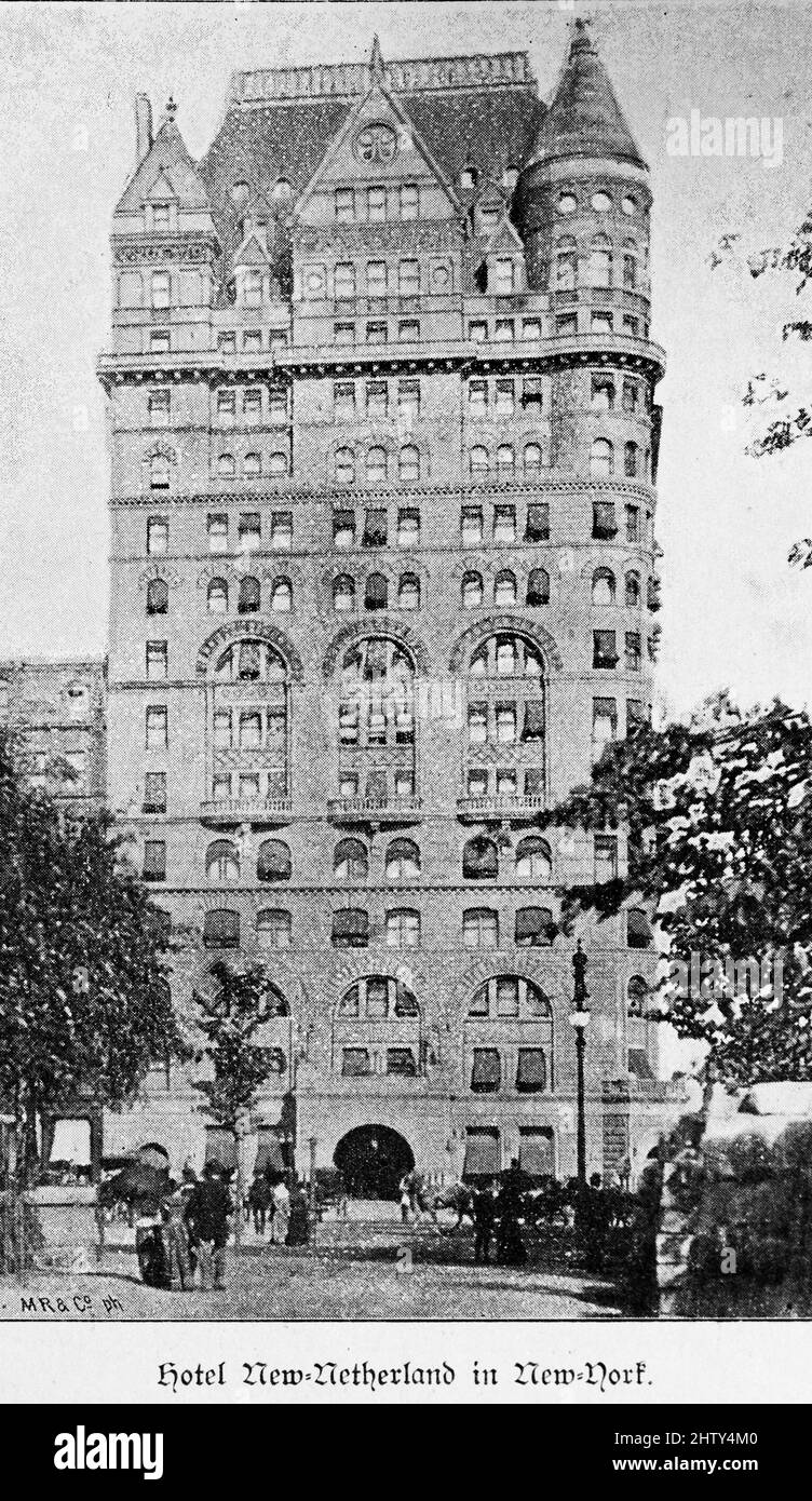 Hôtel New Netherlands, gratte-ciel, rue, personnes, arbres, New York, Amérique, illustration historique de 1897 Banque D'Images