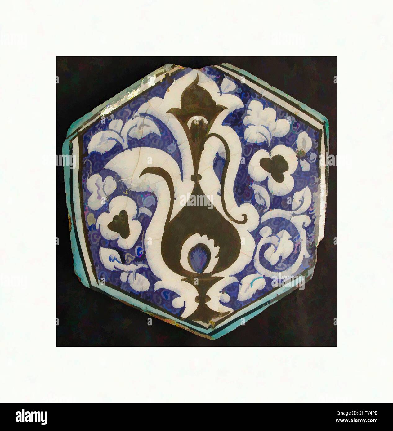 Art inspiré par le carreau hexagonal, première moitié du 15th siècle, attribué à la Syrie, corps composite; sous-vernis peint, HT. 7 1/8 po (18,1 cm), céramique-carreaux, le fond de spirales étroitement enroulées et l'utilisation de pigments sous-glaçure noir, bleu, et turquoise trahissent la provenance syrienne, les œuvres classiques modernisées par Artotop avec une touche de modernité. Formes, couleur et valeur, impact visuel accrocheur sur l'art émotions par la liberté d'œuvres d'art d'une manière contemporaine. Un message intemporel qui cherche une nouvelle direction créative. Artistes qui se tournent vers le support numérique et créent le NFT Artotop Banque D'Images