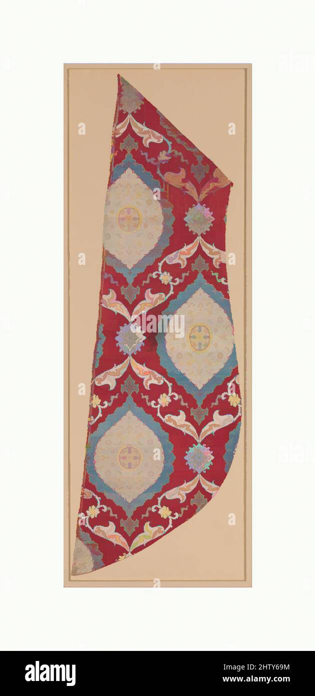 Art inspiré par fragment, 16th siècle, attribué à la Turquie, Bursa, soie, Fil en métal; lampas (kemha), textile: H. 49 1/2 po. (125,7 cm), textiles-Woven, le motif de treillis ogival vu dans cette soie était l'un des plus populaires dessins pour les textiles dans la cour ottomane, les œuvres classiques modernisées par Artotop avec un peu de modernité. Formes, couleur et valeur, impact visuel accrocheur sur l'art émotions par la liberté d'œuvres d'art d'une manière contemporaine. Un message intemporel qui cherche une nouvelle direction créative. Artistes qui se tournent vers le support numérique et créent le NFT Artotop Banque D'Images