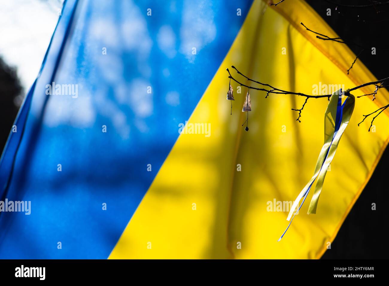 Ruban aux couleurs de l'Ukraine lors d'une manifestation pacifique contre la guerre, drapeau ukrainien sur le backgrou Banque D'Images