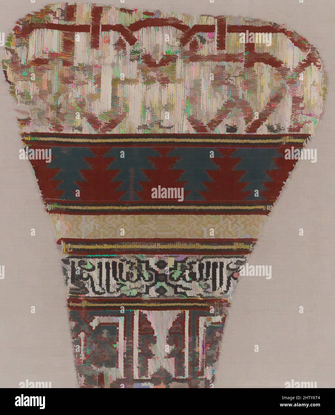 Art inspiré par fragment, 14th–15th siècle, attribué à l'Espagne, soie, fil métallique; Lampas, textile : H. 8 1/2 po. (21,6 cm), textiles-Woven, ce fragment textile de soie est divisé en bandes horizontales, décorées de noeuds entrelacés, alternant bleu-gris et rouge pyramidal, oeuvres classiques modernisées par Artotop avec un peu de modernité. Formes, couleur et valeur, impact visuel accrocheur sur l'art émotions par la liberté d'œuvres d'art d'une manière contemporaine. Un message intemporel qui cherche une nouvelle direction créative. Artistes qui se tournent vers le support numérique et créent le NFT Artotop Banque D'Images