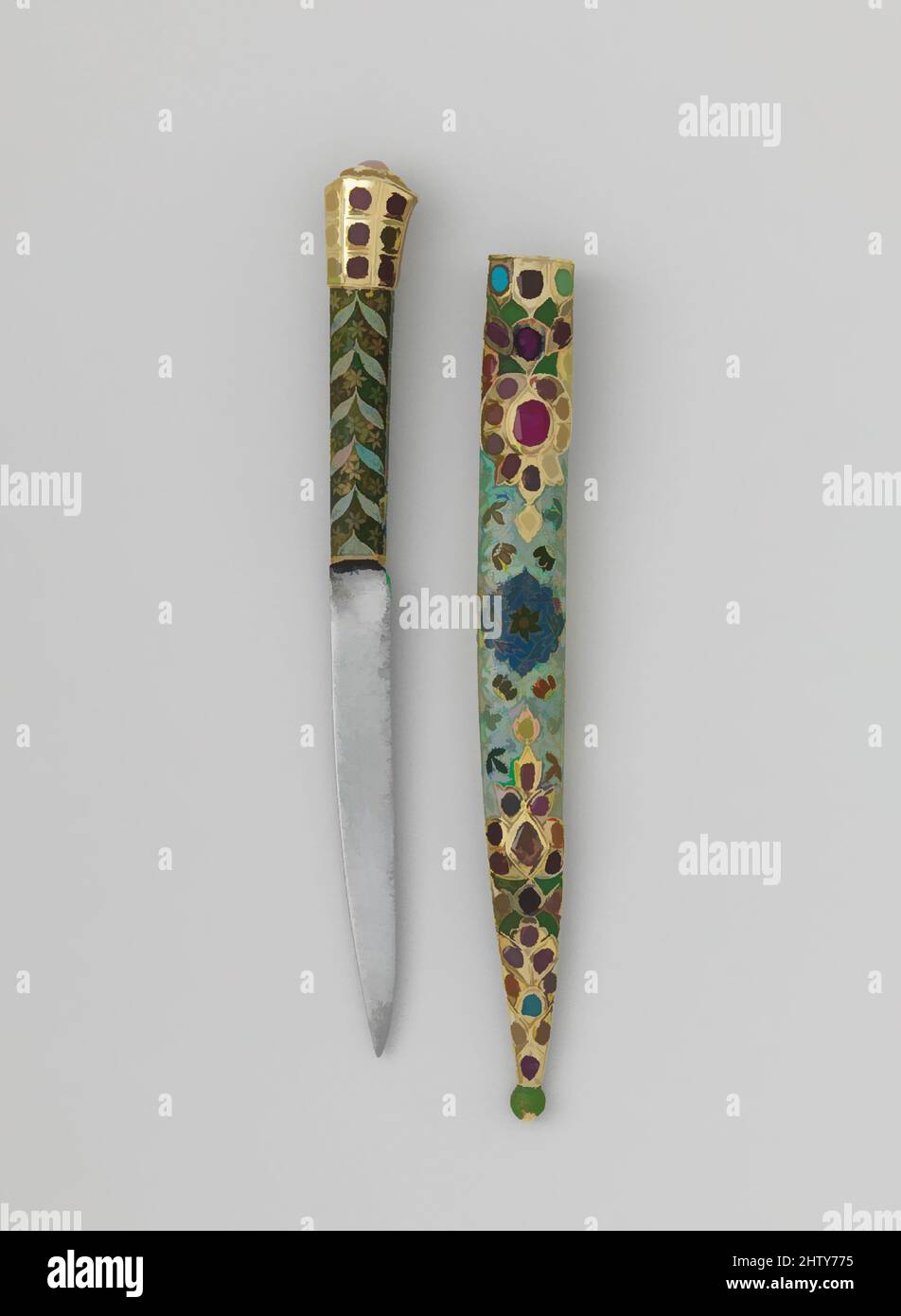 Art inspiré par Knife and Sheath, 18th siècle, fabriqué en Inde, argent ; doré, Émaillé, et avec des rubis au-dessus de feuilles et turquoise, 7 po., Arms and Armor, les œuvres classiques modernisées par Artotop avec une touche de modernité. Formes, couleur et valeur, impact visuel accrocheur sur l'art émotions par la liberté d'œuvres d'art d'une manière contemporaine. Un message intemporel qui cherche une nouvelle direction créative. Artistes qui se tournent vers le support numérique et créent le NFT Artotop Banque D'Images