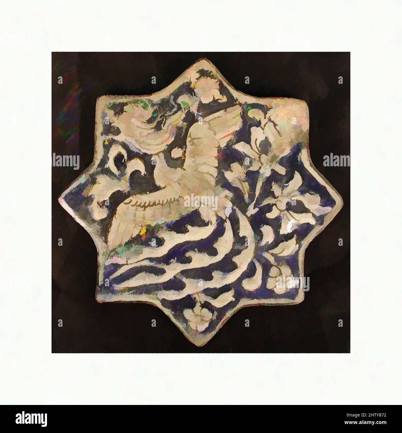 Art inspiré par le carrelage en forme d'étoile, 14th siècle, fabriqué en Iran, probablement Sultanabad, Stonepaste; peinture sous verglas, 5 5/8 x 5 3/4 po (14,3 x 14,6 cm), céramique-carreaux, oeuvres classiques modernisées par Artotop avec une touche de modernité. Formes, couleur et valeur, impact visuel accrocheur sur l'art émotions par la liberté d'œuvres d'art d'une manière contemporaine. Un message intemporel qui cherche une nouvelle direction créative. Artistes qui se tournent vers le support numérique et créent le NFT Artotop Banque D'Images