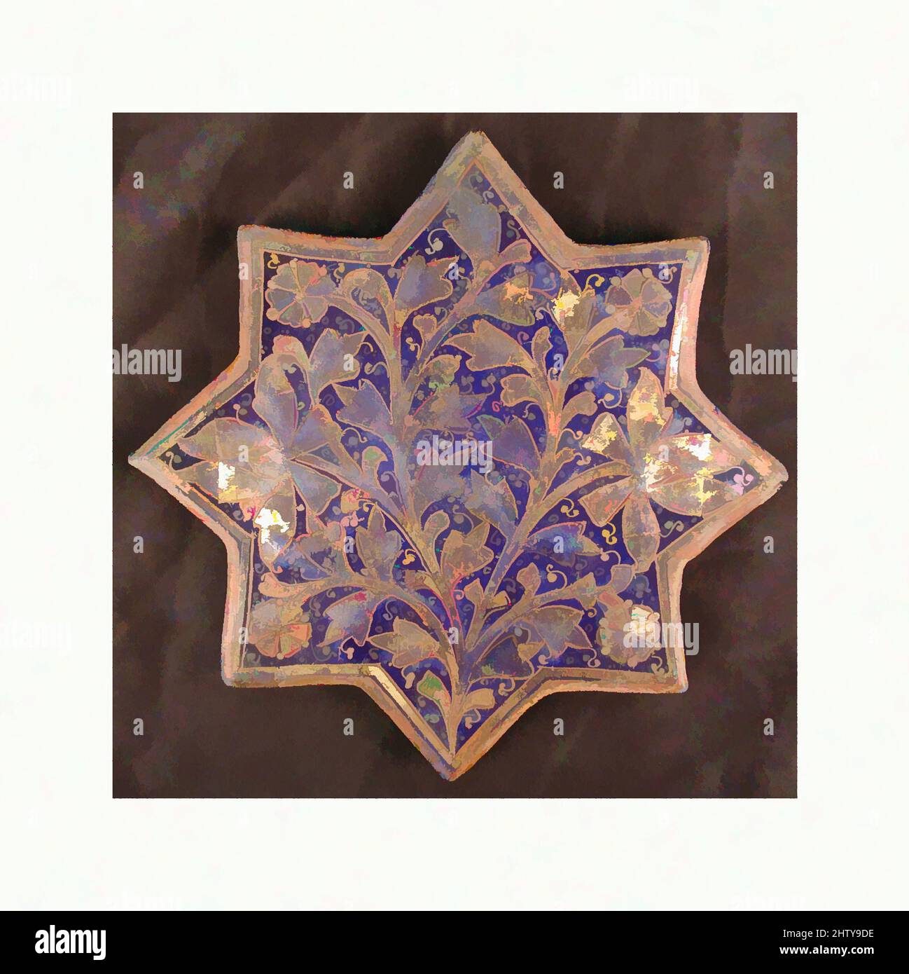 Art inspiré du carrelage en forme d'étoile, deuxième moitié du 13th–14th siècle, fabriqué en Iran, Stonepaste; moulé, peint par surglaçure et doré de feuilles (lajvardina), Diam. 7 7/8 po (20 cm), carreaux de céramique, cette tuile à huit pointes a été décorée selon une méthode appelée lajvardina, un terme qui, les œuvres classiques modernisées par Artotop avec un peu de modernité. Formes, couleur et valeur, impact visuel accrocheur sur l'art émotions par la liberté d'œuvres d'art d'une manière contemporaine. Un message intemporel qui cherche une nouvelle direction créative. Artistes qui se tournent vers le support numérique et créent le NFT Artotop Banque D'Images