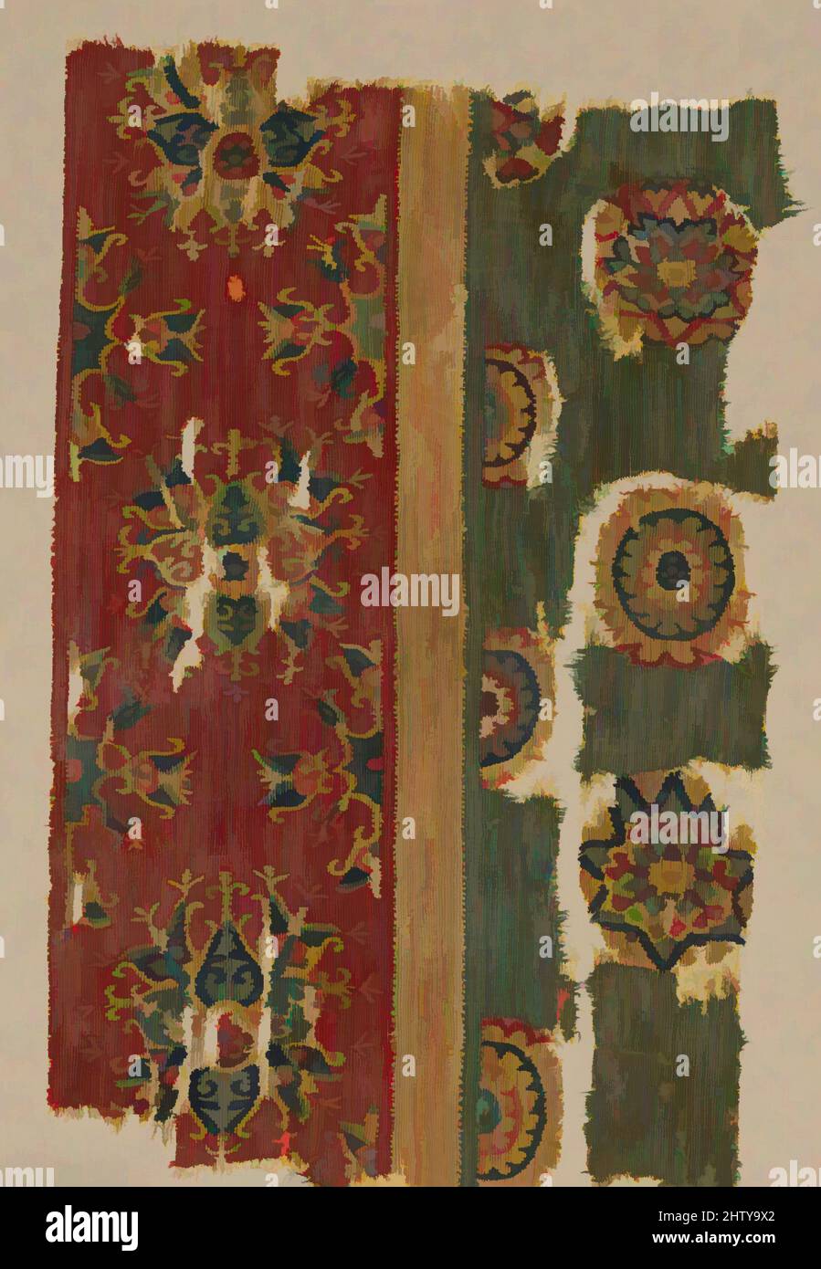 Art inspiré par le fragment de tapisserie tissée, mi-8th siècle, attribué à l'Iran, l'Irak ou l'Egypte, Laine; tissage de tapisserie, textile: L. 12 po. (30,5 cm), textiles-Woven, le motif général sur cette tapisserie tissée, éventuellement un revêtement de plancher, avec des rangées de rosettes en quinconce, ressemble, les œuvres classiques modernisées par Artotop avec une touche de modernité. Formes, couleur et valeur, impact visuel accrocheur sur l'art émotions par la liberté d'œuvres d'art d'une manière contemporaine. Un message intemporel qui cherche une nouvelle direction créative. Artistes qui se tournent vers le support numérique et créent le NFT Artotop Banque D'Images