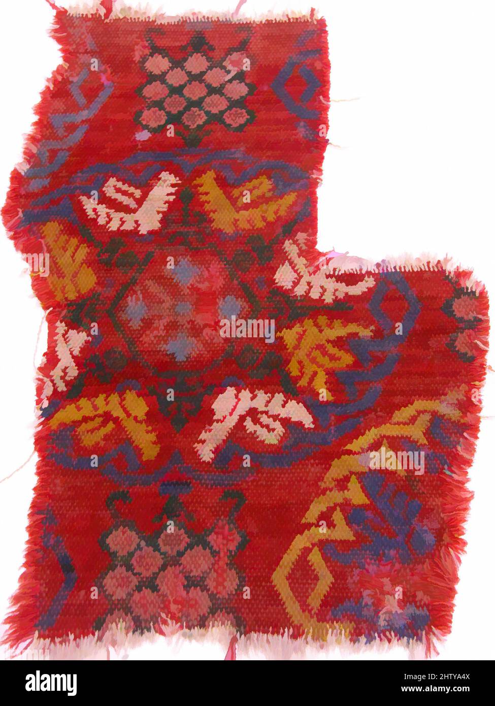 Art inspiré par fragment, 15th–16th siècle, attribué à l'Espagne, Laine (chaîne, trame et pile); Velours noué à une seule chaîne (espagnol), tapis : H. 18 po. (45,7 cm), textiles-tapis, le principal élément décoratif de ce fragment de laine dépeint un médaillon bleu, contenant jaune et blanc abstrait, les œuvres classiques modernisées par Artotop avec une touche de modernité. Formes, couleur et valeur, impact visuel accrocheur sur l'art émotions par la liberté d'œuvres d'art d'une manière contemporaine. Un message intemporel qui cherche une nouvelle direction créative. Artistes qui se tournent vers le support numérique et créent le NFT Artotop Banque D'Images