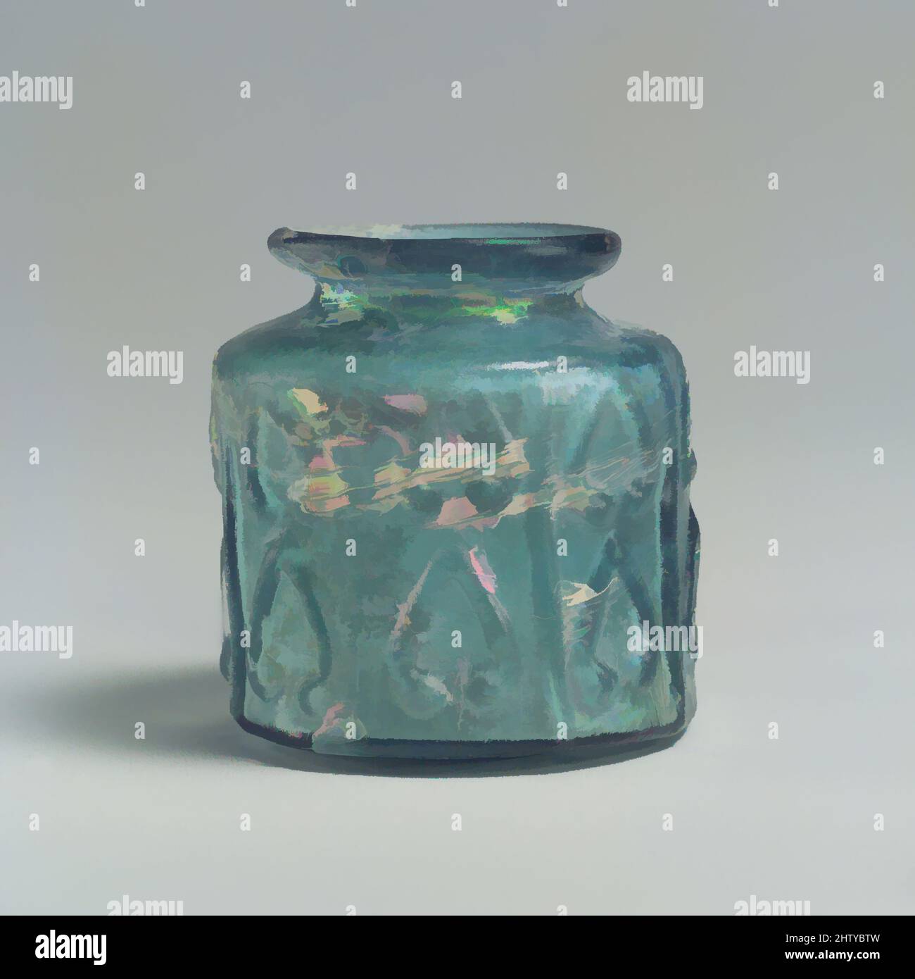 Art inspiré par le petit pot, 9th–10th siècle, attribué probablement à l'Irak, verre, bleu verdâtre; Moule soufflé, H. 2 1/16 (5,2 cm), verre, la décoration moulée de ce pot en verre bleu verdâtre comprend des paires de palmettes simples disposées l'une au-dessus de l'autre en huit étroites verticales, les œuvres classiques modernisées par Artotop avec une touche de modernité. Formes, couleur et valeur, impact visuel accrocheur sur l'art émotions par la liberté d'œuvres d'art d'une manière contemporaine. Un message intemporel qui cherche une nouvelle direction créative. Artistes qui se tournent vers le support numérique et créent le NFT Artotop Banque D'Images