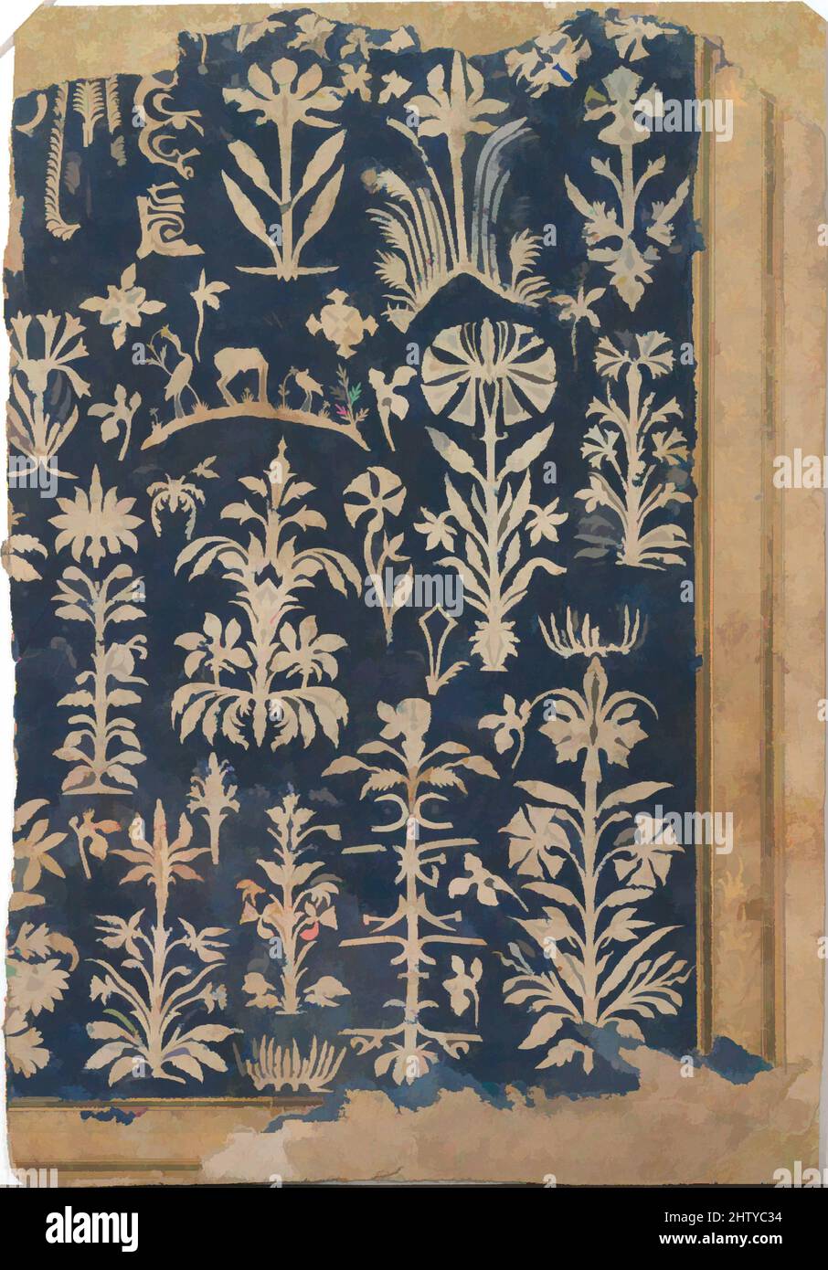 Art inspiré par la page d'album avec une décoration en papier découpé, env. 1625–50, fabriqué en Inde, feuille de papier, aquarelle opaque et or, 10 1/2 po. X 7 1/8 po., CODICES, la décoration de cette page est coupée en papier Havane et posée sur fond de papier bleu. Il dépeint les plantes à fleurs, les œuvres classiques modernisées par Artotop avec un peu de modernité. Formes, couleur et valeur, impact visuel accrocheur sur l'art émotions par la liberté d'œuvres d'art d'une manière contemporaine. Un message intemporel qui cherche une nouvelle direction créative. Artistes qui se tournent vers le support numérique et créent le NFT Artotop Banque D'Images