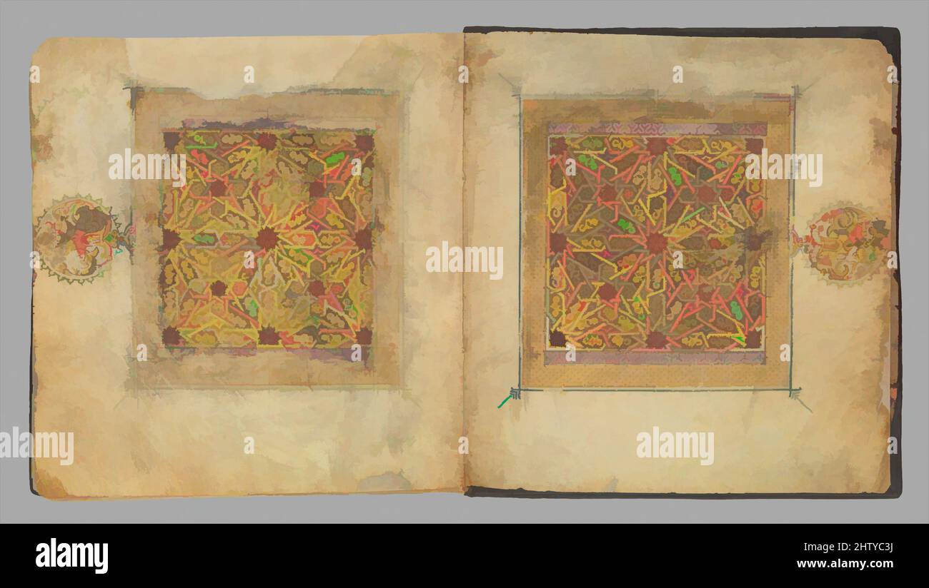 Art inspiré par Section d'un manuscrit de Qur'an, ca. 1300, attribué au Maroc ou au sud de l'Espagne, encre, or, et aquarelle opaque sur parchemin, 7 15/16 x 7 9/16 po. (20,2 x 19,2 cm), CODICES, comme deuxième volume d'un manuscrit Qur'an en sept parties, ce codex ne contient pas de colophon, œuvres classiques modernisées par Artotop avec un peu de modernité. Formes, couleur et valeur, impact visuel accrocheur sur l'art émotions par la liberté d'œuvres d'art d'une manière contemporaine. Un message intemporel qui cherche une nouvelle direction créative. Artistes qui se tournent vers le support numérique et créent le NFT Artotop Banque D'Images