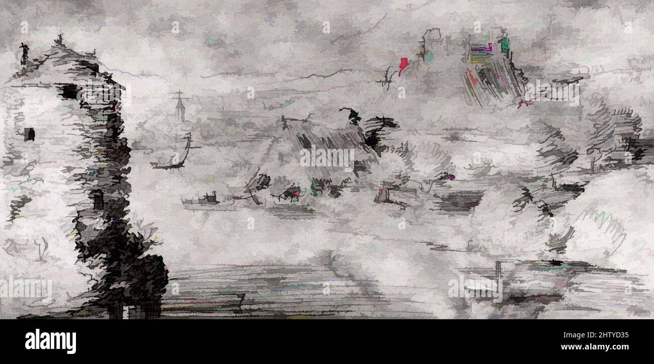 Art inspiré par le paysage de la rivière, env. 1600, stylo et encre marron, 3 15/16 x 8 po. (10 x 20,3 cm), dessins, Jaques Saverij (Courtrai (Kortrijk) ca. 1565–Amsterdam 1603), les derniers dessins de Jaques Saverij imitèrent, et imitent, Pieter Breugel l'ancien (1525/30-1569) si bien que, les œuvres classiques modernisées par Artotop avec un peu de modernité. Formes, couleur et valeur, impact visuel accrocheur sur l'art émotions par la liberté d'œuvres d'art d'une manière contemporaine. Un message intemporel qui cherche une nouvelle direction créative. Artistes qui se tournent vers le support numérique et créent le NFT Artotop Banque D'Images