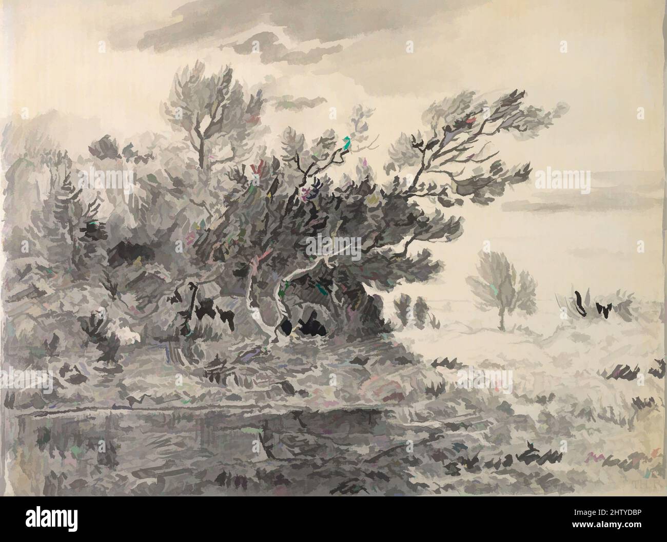 Art inspiré par le paysage avec un étang, ca. 1850, encre noire et lavage gris sur papier crème, 5 5/16 x 6 15/16 po. (13,5 x 17,6 cm), dessins, Théodore Rousseau (français, Paris 1812–1867 Barbizon, oeuvres classiques modernisées par Artotop avec une touche de modernité. Formes, couleur et valeur, impact visuel accrocheur sur l'art émotions par la liberté d'œuvres d'art d'une manière contemporaine. Un message intemporel qui cherche une nouvelle direction créative. Artistes qui se tournent vers le support numérique et créent le NFT Artotop Banque D'Images