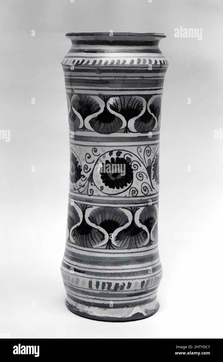 Art inspiré par Apothecary jar (albarello), ca. 1480, italien, probablement Faenza, Maiolica (faïence émaillée), hauteur : 12 15/16 po. (32,9cm), céramique-poterie, oeuvres classiques modernisées par Artotop avec un peu de modernité. Formes, couleur et valeur, impact visuel accrocheur sur l'art émotions par la liberté d'œuvres d'art d'une manière contemporaine. Un message intemporel qui cherche une nouvelle direction créative. Artistes qui se tournent vers le support numérique et créent le NFT Artotop Banque D'Images