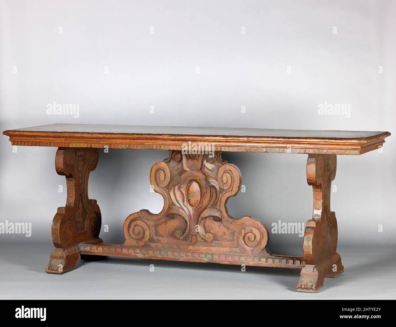 Art inspiré de la table rectangulaire, début 20th siècle, italien ou américain (Etats-Unis), noyer, sculpté., H. 82,5 cm, W. 215,5 cm, D. 66 cm, mobilier en bois, œuvres classiques modernisées par Artotop avec une touche de modernité. Formes, couleur et valeur, impact visuel accrocheur sur l'art émotions par la liberté d'œuvres d'art d'une manière contemporaine. Un message intemporel qui cherche une nouvelle direction créative. Artistes qui se tournent vers le support numérique et créent le NFT Artotop Banque D'Images