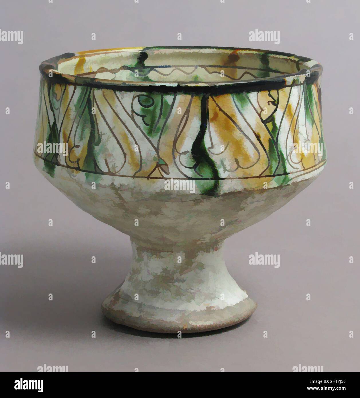 Art inspiré par une coupe à pied avec des palmettes, fin du 14th siècle, fabriqué à Chypre, byzantin, faïence, Émaillée, hors tout : 4 13/16 x 5 1/2 po. (12,3 x 13,9 cm), céramique, poterie émaillée a été produite sur l'île de Chypre du début de 1200s à 1500s, une période où Chypre était, oeuvres classiques modernisées par Artotop avec un peu de modernité. Formes, couleur et valeur, impact visuel accrocheur sur l'art émotions par la liberté d'œuvres d'art d'une manière contemporaine. Un message intemporel qui cherche une nouvelle direction créative. Artistes qui se tournent vers le support numérique et créent le NFT Artotop Banque D'Images