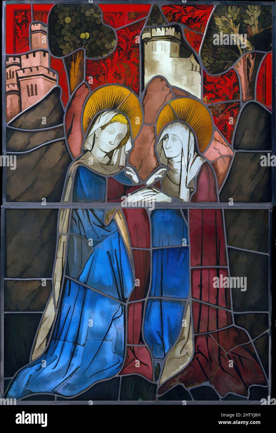 Art inspiré par le panneau de vitraux avec la Visitation, 1444, fabriqué en Allemagne, allemand, Pot Metal, Verre blanc, peinture vitreuse, coloration argentée, émail vert olive, total (avec 1 barres en T) : 43 3/8 x 29 1/8 x 3/8 po. (110,2 x 74 x 1 cm), vitraux, ce panneau faisait partie d'une fenêtre, oeuvres classiques modernisées par Artotop avec une touche de modernité. Formes, couleur et valeur, impact visuel accrocheur sur l'art émotions par la liberté d'œuvres d'art d'une manière contemporaine. Un message intemporel qui cherche une nouvelle direction créative. Artistes qui se tournent vers le support numérique et créent le NFT Artotop Banque D'Images