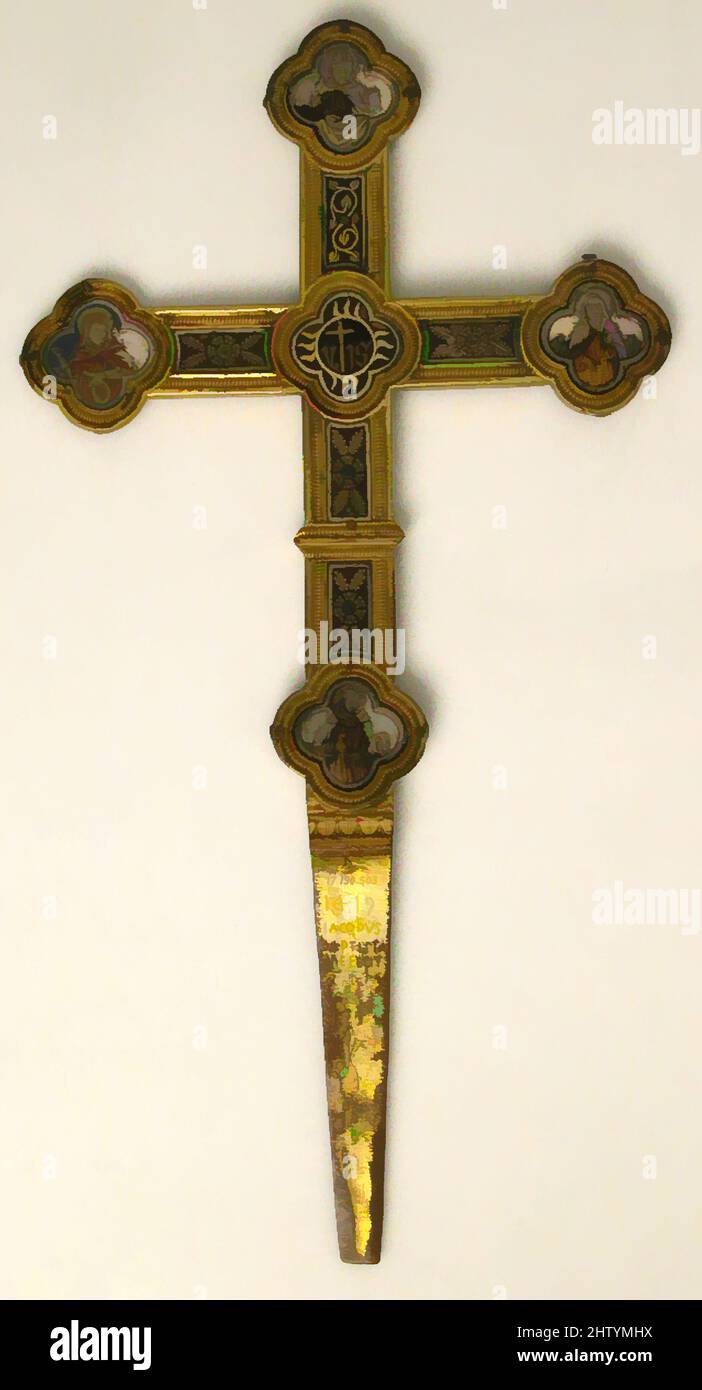 Art inspiré par Procesal Cross, 1479, fabriqué en Ombrie, Italie, italien, Masse en émail, argent, doré argenté, niello, doré cuivré, Total : 13 7/8 x 7 3/16 x 3/8 pouces (35,2 x 18,3 x 1 cm), émaux-Basse taille, daté de 1479 par une inscription, cette croix affiche l'insigne de, œuvres classiques modernisées par Artotop avec un peu de modernité. Formes, couleur et valeur, impact visuel accrocheur sur l'art émotions par la liberté d'œuvres d'art d'une manière contemporaine. Un message intemporel qui cherche une nouvelle direction créative. Artistes qui se tournent vers le support numérique et créent le NFT Artotop Banque D'Images